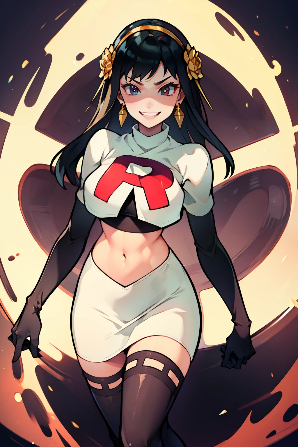 yor briar, gold earrings, gold hairband, hair flower, hair ornament, hairband ,rocket,team rocket uniform, red letter R, white skirt,white crop top,black thigh-high boots,black elbow gloves, evil smile, look at viewer,