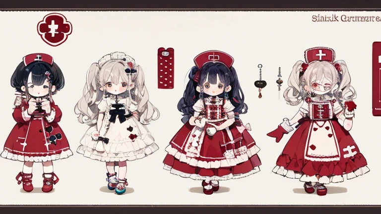 Character design，Q version，chibi，Cute，Head to body ratio，outfit design，****ta prostitute，Gorgeous dress，Mittens，Curly，Very intricate，Exquisite，shear node，frilld，band，Bandages，Nurse style，Huge syringe，tablet，Red Cross，Y2K，egirl，Unilateral eye patch，love decoration，subculture，sicko，bloods