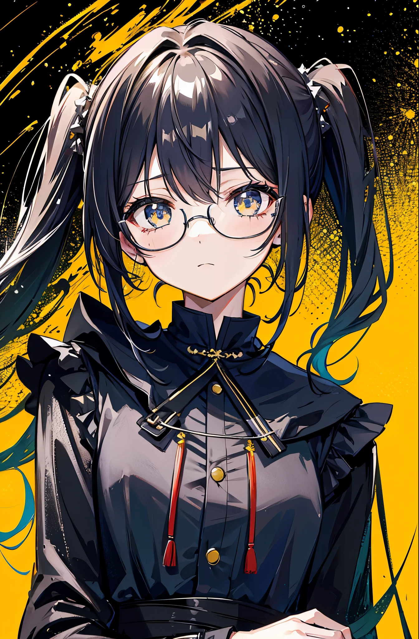 Dark yellow twin ponytails,Hair appears as a whole,But there is a sense of black attachment,Star decoration,Meteor decoration,With black glasses,There is a deceptive look in the eyes,Girl but very handsome,There is a sense of contempt in his eyes,黑黄的冲锋衣有着Star decoration