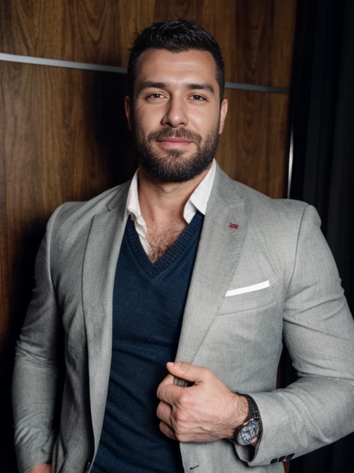 analog style, a hunky turkish man in a grey suit, handsome, stubble beard, hairy chest, open buttons