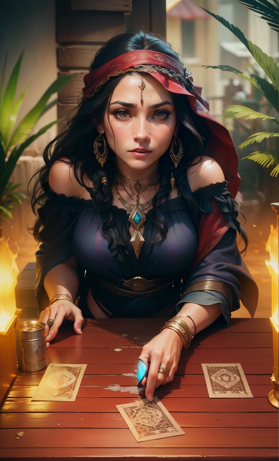 Create an image of a beautiful gypsy woman with dramatic lighting on a gypsy deck, Art Station 8k HD High-Definition Detail Real and Trending Digital Art, detailliert, Skin texture, Hyper-detailing, リアルなSkin texture, s Armor, top-quality, 超A high resolution, (Photorealista:1.4), High resolution, detailliert, Photo Raw, Sharp Re, by Lee Jeffries Nikon D850 Film Stock Photography 4 Kodak Portra 400 Camera F1.6 lens rich colors hyper realistic lifelike texture dramatic lighting unrealengine trending on artstation cinestill 800,