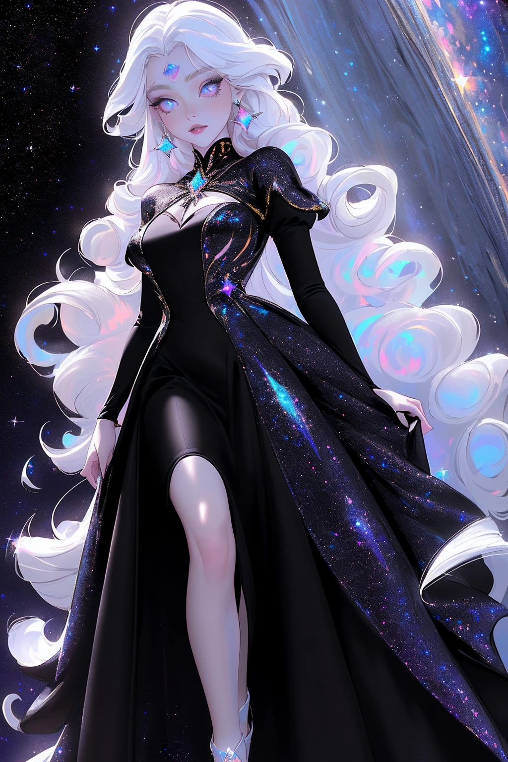 {-erro_de_anatomia:1.0} masterpiece, highest quality, (perfect face:1.1, (high detail)1.1, sweet stardust vampire , long soft white hair, opal eyes, perfectly drawn face, black dress, stars detailed background, prismatic lighting, glitter, whole body, walking feet under the stars