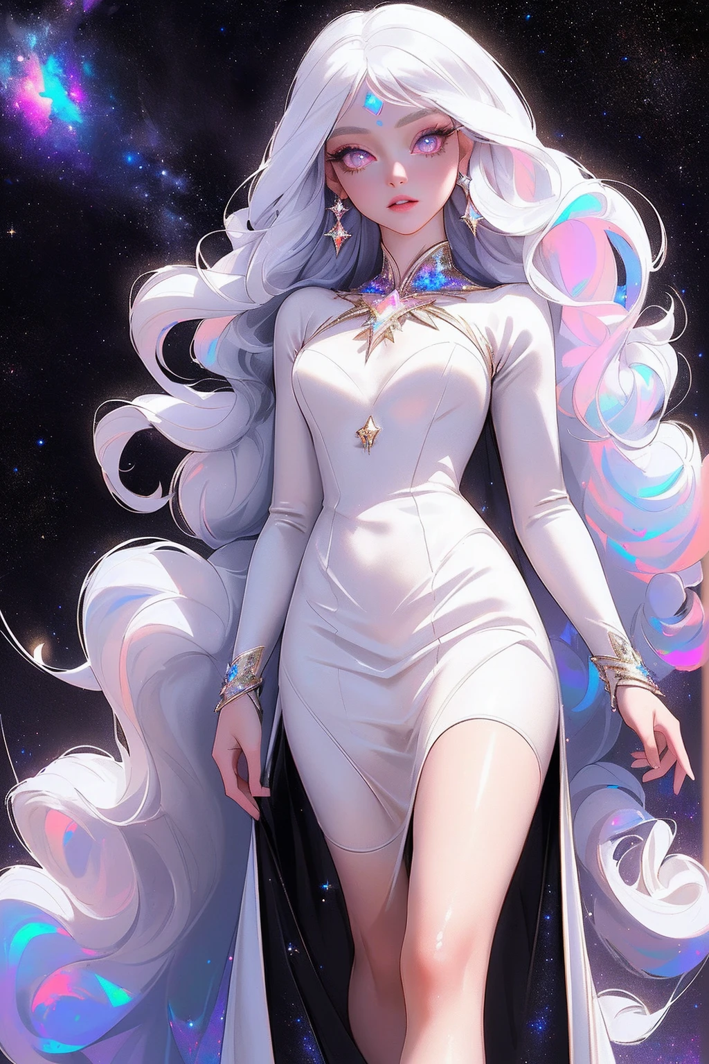 {-erro_de_anatomia:1.0} masterpiece, highest quality, (perfect face:1.1, (high detail)1.1, sweet stardust vampire , long soft white hair, opal eyes, perfectly drawn face, black dress, stars detailed background, prismatic lighting, glitter, whole body, walking feet under the stars