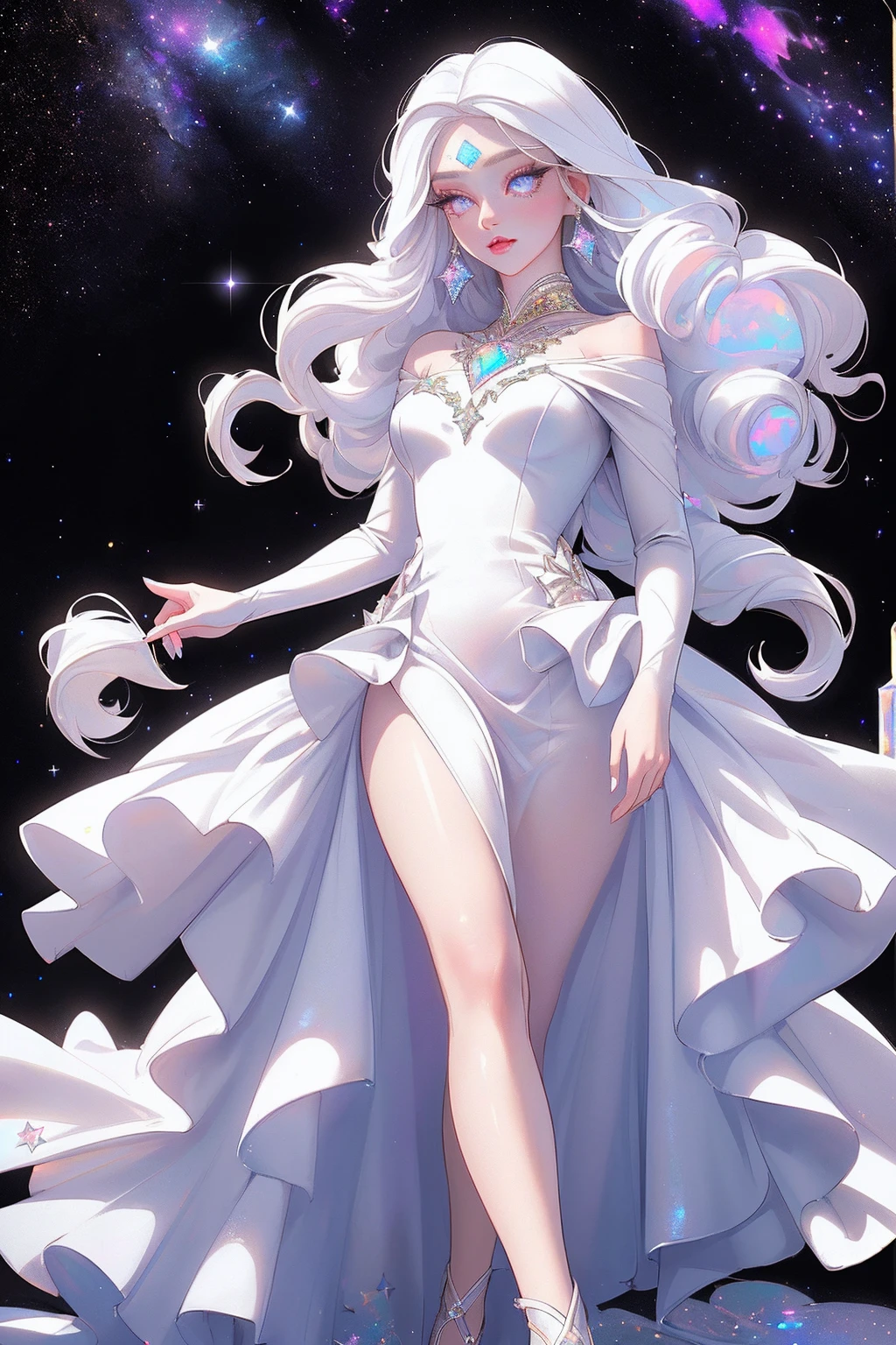 {-erro_de_anatomia:1.0} masterpiece, highest quality, (perfect face:1.1, (high detail)1.1, sweet stardust vampire , long soft white hair, opal eyes, perfectly drawn face, black dress, stars detailed background, prismatic lighting, glitter, whole body, walking feet under the stars