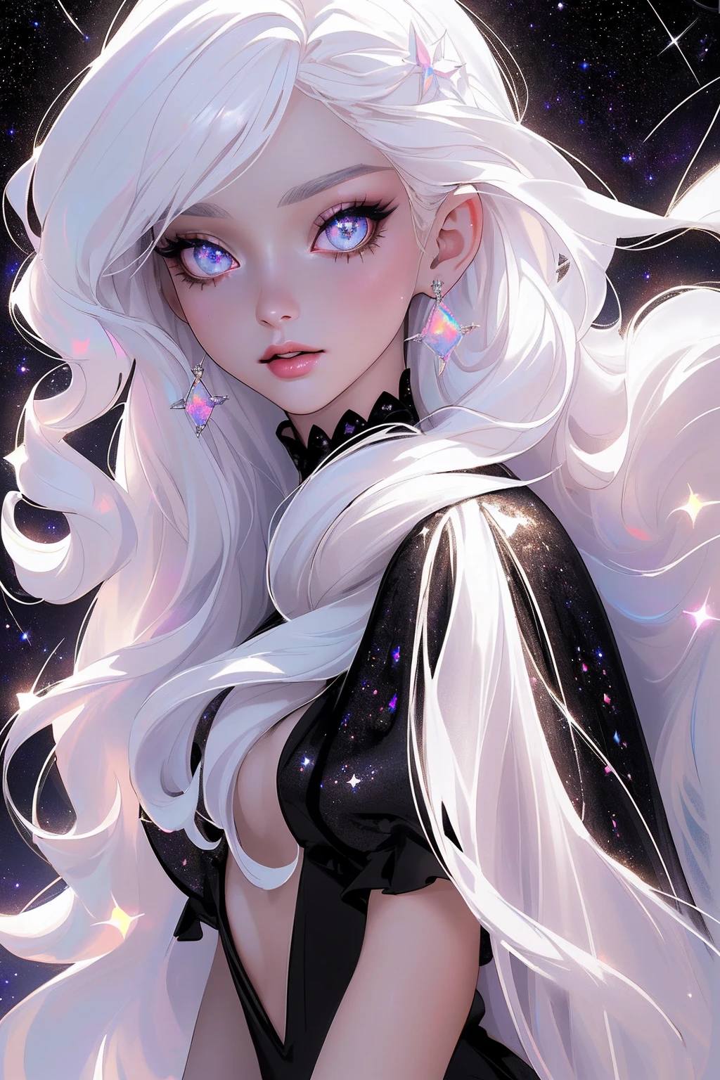 {-erro_de_anatomia:1.0} masterpiece, highest quality, (perfect face:1.1, (high detail)1.1, sweet stardust vampire , long soft white hair, opal eyes, perfectly drawn face, black dress, stars detailed background, prismatic lighting, glitter, whole body, walking feet under the stars