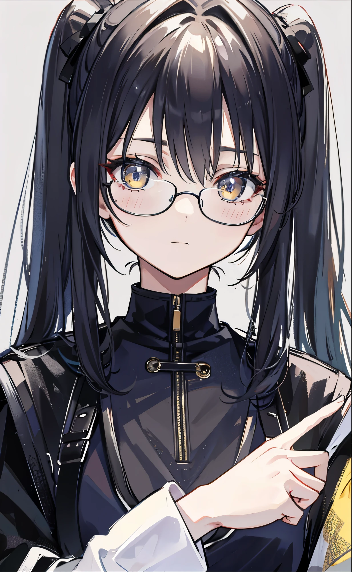 Dark yellow twin ponytails,Hair appears as a whole,But there is a sense of black attachment,Star decoration,Meteor decoration,With black glasses,There is a deceptive look in the eyes,Girl but very handsome,There is a sense of contempt in his eyes,黑黄的冲锋衣有着Star decoration