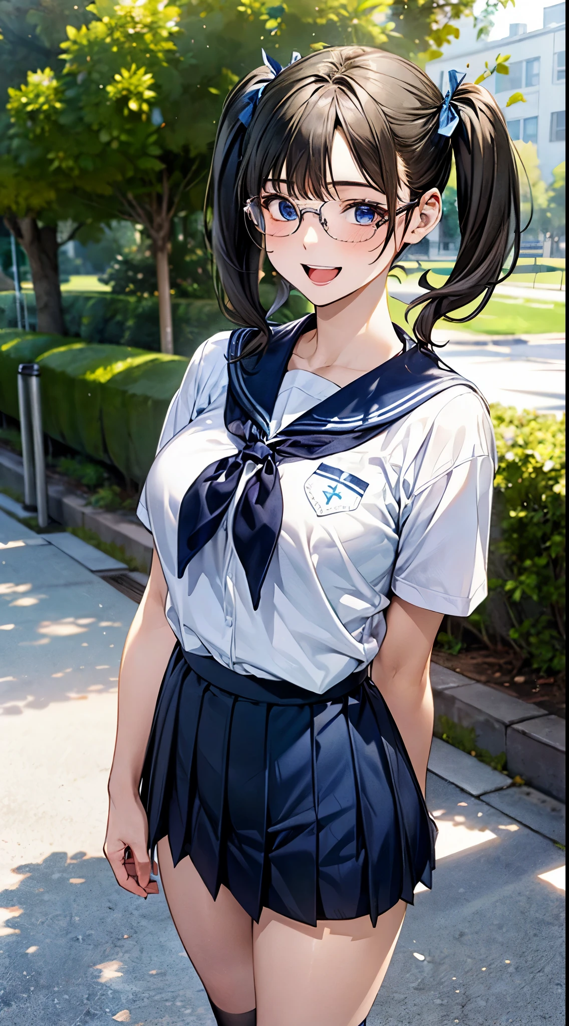 ((perfect anatomy, anatomically correct, super detailed skin)),
1 girl, japanese, , shiny skin, large breasts:0.5, front view, watching the view,
beautiful hair, beautiful face, beautiful detailed eyes, (short hair:1.5, twintails:1.7), brown hair, blue eyes, babyface, monder eye,
((summer school uniform, white y-shirt:1.1, dark blue skirt, pleated skirt:1.1, glasses, dark blue socks, black loafers, )),
((smile:1.5, open mouth)), standing, walking,
(beautiful scenery), gymnasium,
(8k, top-quality, masterpiece:1.2, extremely detailed), (photorealistic:1.2), sunlight, beautiful art, visual art, depth of fields, natural lighting,