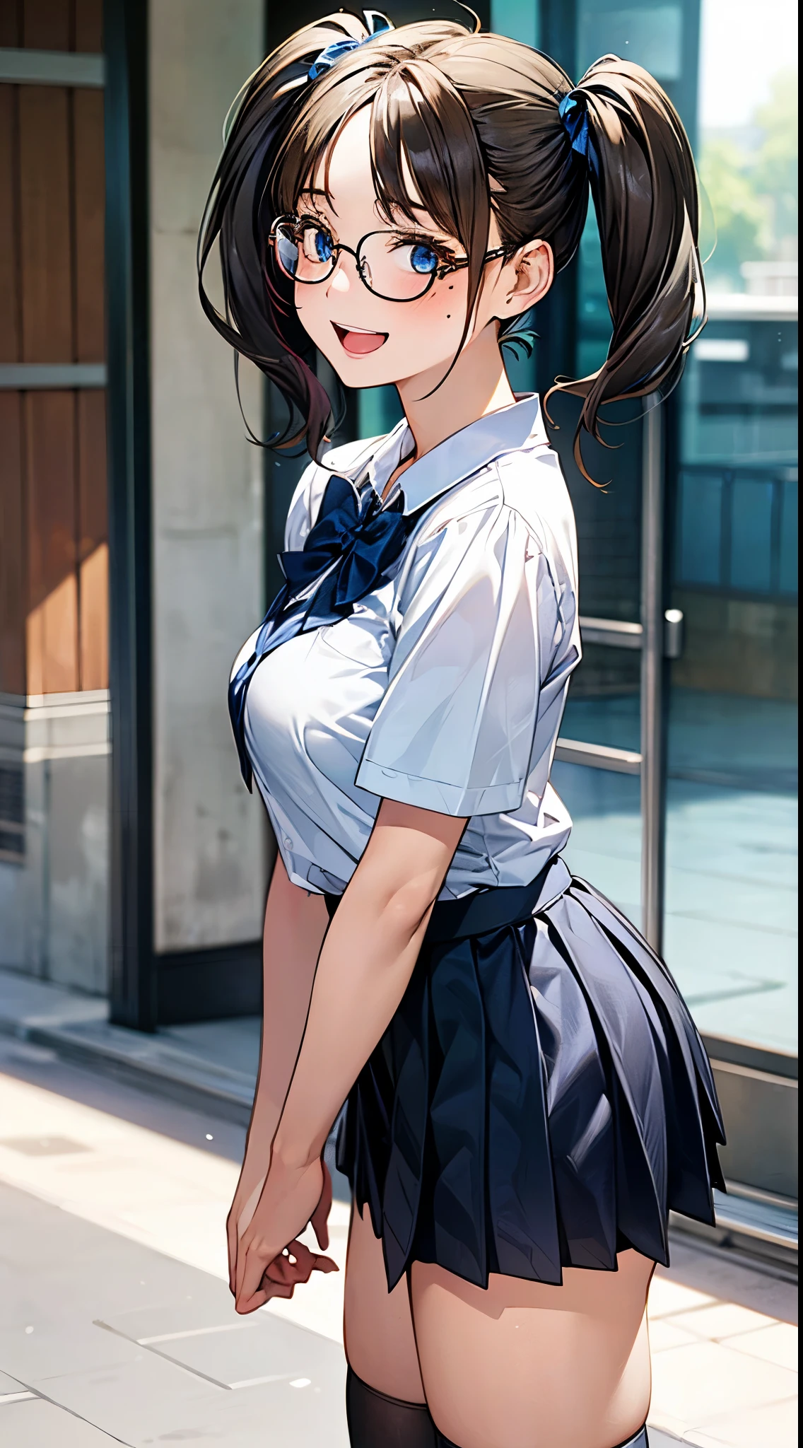 (masterpiece:1.3, Highest quality, Ultra-high resolution, Very detailed), (Realistic, photoRealistic:1.4), Beautiful illustrations, Perfect lighting, Natural light, Written boundary depth, Beautiful detailsまでこだわった髪, Beautifully detailed face, Beautiful details, Beautiful clavicle, Beautiful body, Beautiful breasts, Beautiful thighs, Beautiful legs, Beautiful Hands, View your audience, 1 girl, Very cute girl, , (Perfect Anatomy, Anatomically correct), Cute and symmetrical face, Baby Face, Perfect Face, Perfect Eyes, Glowing Skin, (Long Hair:1.8, Twin tails, Black Hair), bangs, iris, Slanted Eyes, Long eyelashes, (Very large and ample breasts, juicy thighs, Attractive thighs), (White sleeveless top with ruffles and a deep neckline, Dark blue pleated skirt:1.3, belt), Pink hair scrunchie, (Beautiful views), amusement park, Popularized, Ferris wheel, , (Cute Smile, Upward glance, Lips parted),((Skirt fluttering in the wind、pantyhose,I can see her panties))