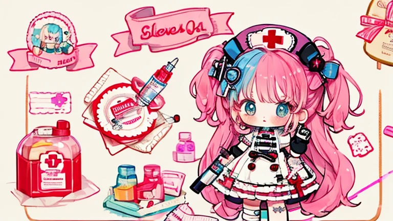 Character design，Q version，chibi，Cute，Head to body ratio，outfit design，Lolita prostitute，Gorgeous dress，Mittens，Curly，Very intricate，Exquisite，shear node，frilld，band，Bandages，Nurse style，Huge syringe，tablet，Red Cross，Y2K，egirl，Unilateral eye patch，love decoration，subculture，sicko，bloods
