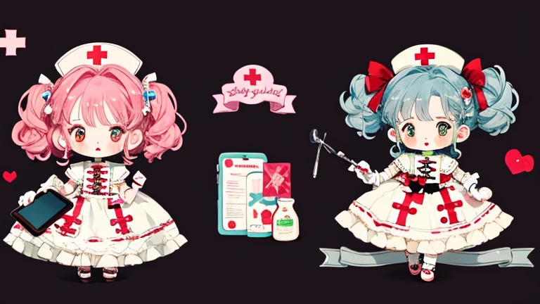 Character design，Q version，chibi，Cute，Head to body ratio，outfit design，Lolita prostitute，Gorgeous dress，Mittens，Curly，Very intricate，Exquisite，shear node，frilld，band，Bandages，Nurse style，Huge syringe，tablet，Red Cross，Y2K，egirl，Unilateral eye patch，love decoration，subculture，sicko，bloods