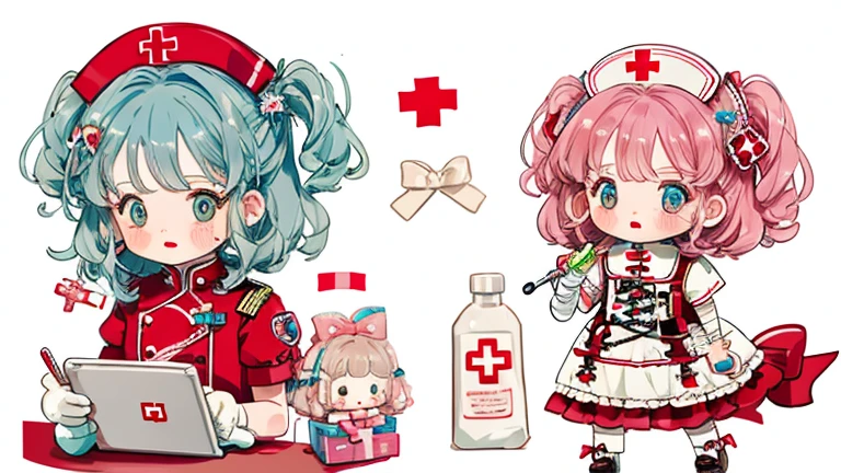 Character design，Q version，chibi，Cute，Head to body ratio，outfit design，Lolita prostitute，Gorgeous dress，Mittens，Curly，Very intricate，Exquisite，shear node，frilld，band，Bandages，Nurse style，Huge syringe，tablet，Red Cross，Y2K，egirl，Unilateral eye patch，love decoration，subculture，sicko，bloods