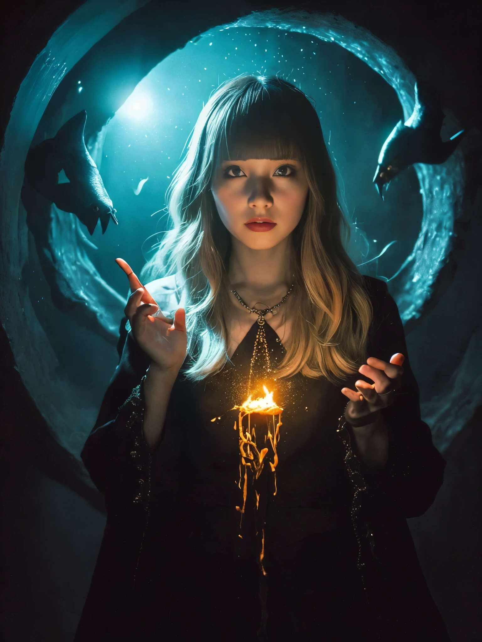 1girl in, (witchcore, witchcraft, pagan, Mystical, Nature, occult) , magician, spell magic, Magic Circle, ((magic in hand)),(masutepiece, Best Quality:1.4),(absurderes, hight resolution, ultra-detailliert:1.2),(using dark magic:1.4), imaginative overlays, artistic fusion,fantastical scenes, evocative narratives, striking visuals, Upper body ，(((Best Quality))),(((ultra-detailliert))),(((masutepiece)))