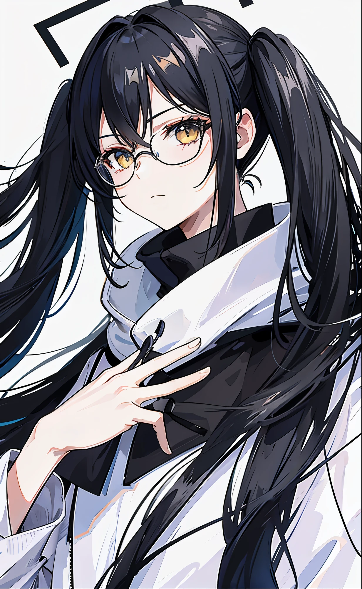 Dark yellow twin ponytails,Hair appears as a whole,But there is a sense of black attachment,Star decoration,Meteor decoration,With black glasses,There is a deceptive look in the eyes,Girl but very handsome,There is a sense of contempt in his eyes,黑黄的冲锋衣有着Star decoration
