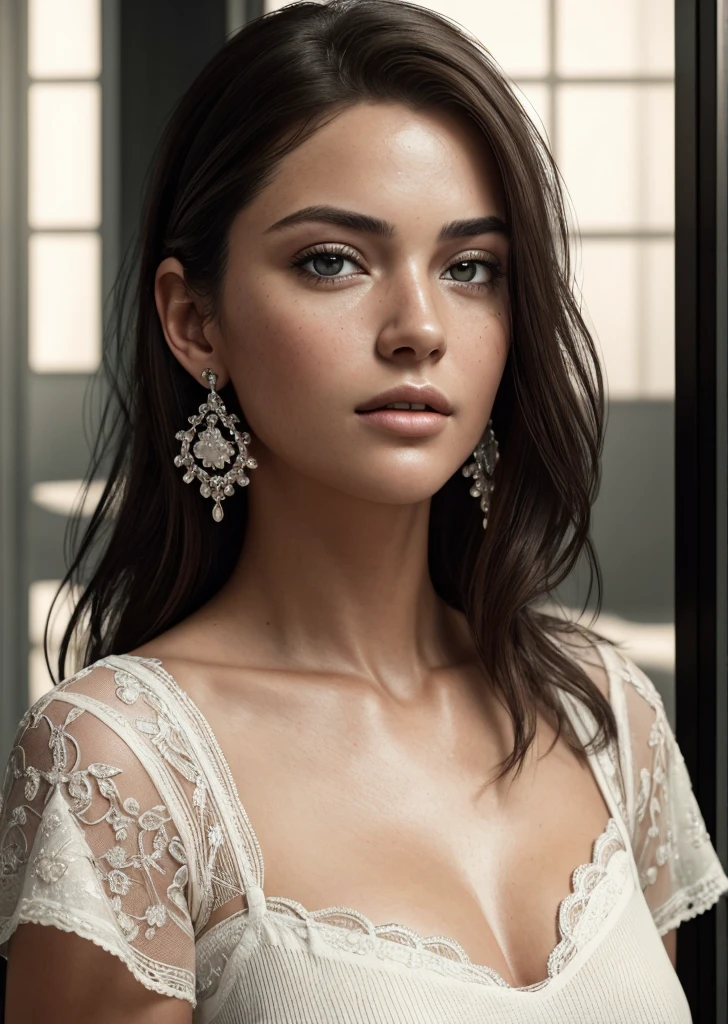 (Masterpiece, realistic:1.3), (extremely intricate:1.2), (photorealistic:1.4), (extremely delicate), (ultra realistic:1.3), (hyperrealistic 3D render), Detailed and realistic portrait of a woman , round eyes and messy short hair, wearing a white t-shirt, staring at the camera, chapped lips, soft natural light, portrait photography, magical photography, dramatic lighting, photorealism, ultra-detailed, intimate portrait composition, Leica 50mm, f1. 4 pcs, (detailed skin:1.3, Glossy skin + Shiny skin:1.1), exquisite earrings, (ultra realistic, 32k, masterpiece:1.2),(high detailed skin:1.1),( 8k UHD, DSLR, high quality:1.1), adventurer, in battlefield, (masterpiece), best quality, ultra-detailed, 1024k UHD wallpaper, ultra-high resolution, depth of field, HDR, Ray tracing, RTX, high saturation, high contrast, photon mapping, best texture quality, best compotitions, (extremely detailed CG 1024k wallpaper), professional illustration, realistic, polaroid picture,
