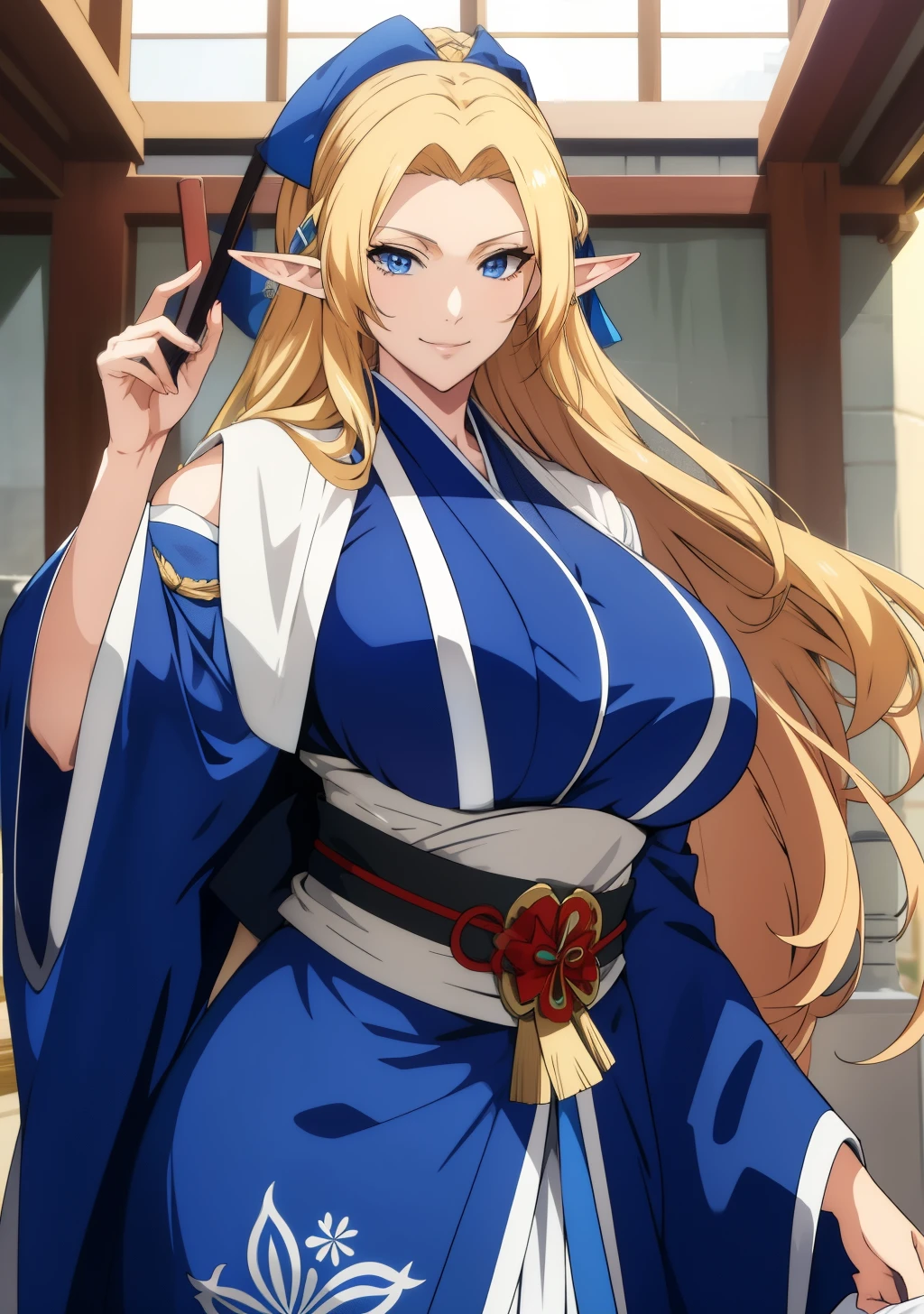 Blue kimono, huge tits, busty, blonde, elf ears,  blue eyes, long hair,  detailed, masterpiece, best quality, 4K, HDR, shrine, upperbody, smile