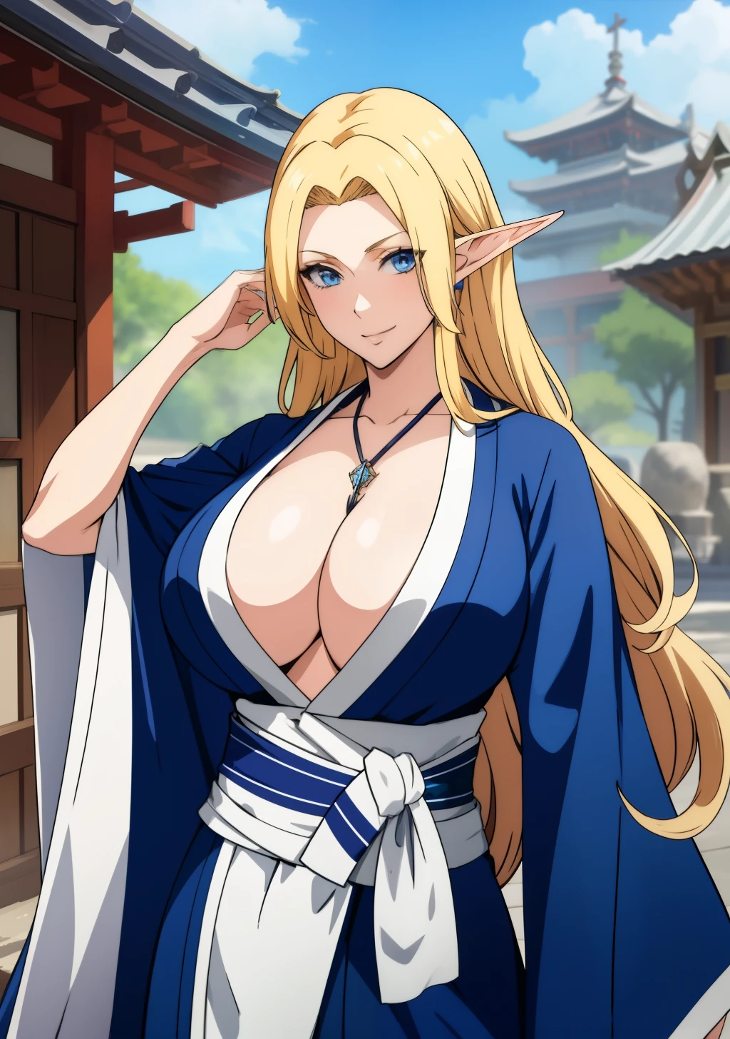 Blue kimono, huge tits, busty, blonde, elf ears,  blue eyes, long hair,  detailed, masterpiece, best quality, 4K, HDR, shrine, upperbody, smile