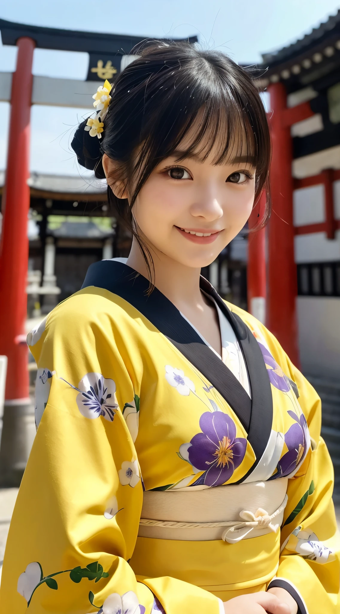 (top-quality,8K picture quality,​masterpiece:1.3,),(超A high resolution,Photorealsitic:1.4,RAW shooting),(ultra-detailliert,Caustics,perfect anatomia),(Ultra-realistic capture,Beautifully detailed skin),(A girl standing in front of the torii gate of a shrine),18year old,kawaii,Black hair half up,a smile,stares at the camera,(Kimono with floral pattern on yellow background),Bust-up shot,natural soft light