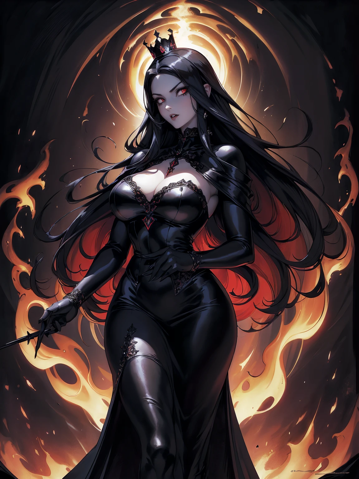 absurdres, ((stunning female Vampire))), goth Renaissance, (long black hair:1.erfect and detailed angular sharp oval shaped face, ((redeyes)), jewelry, red and black tetradic colors, full lips, gothic castle background, (solo), perfect anatomy, approaching perfection, ethereal, intricate details, ultra-high definition, 12k resolution, goth aesthetic, smooth, sharp focus, dreamy, glowing, backlit, glamour, glimmer, fantastical, shadows, smooth, Gothic crown, walking through flames of fire, illustration