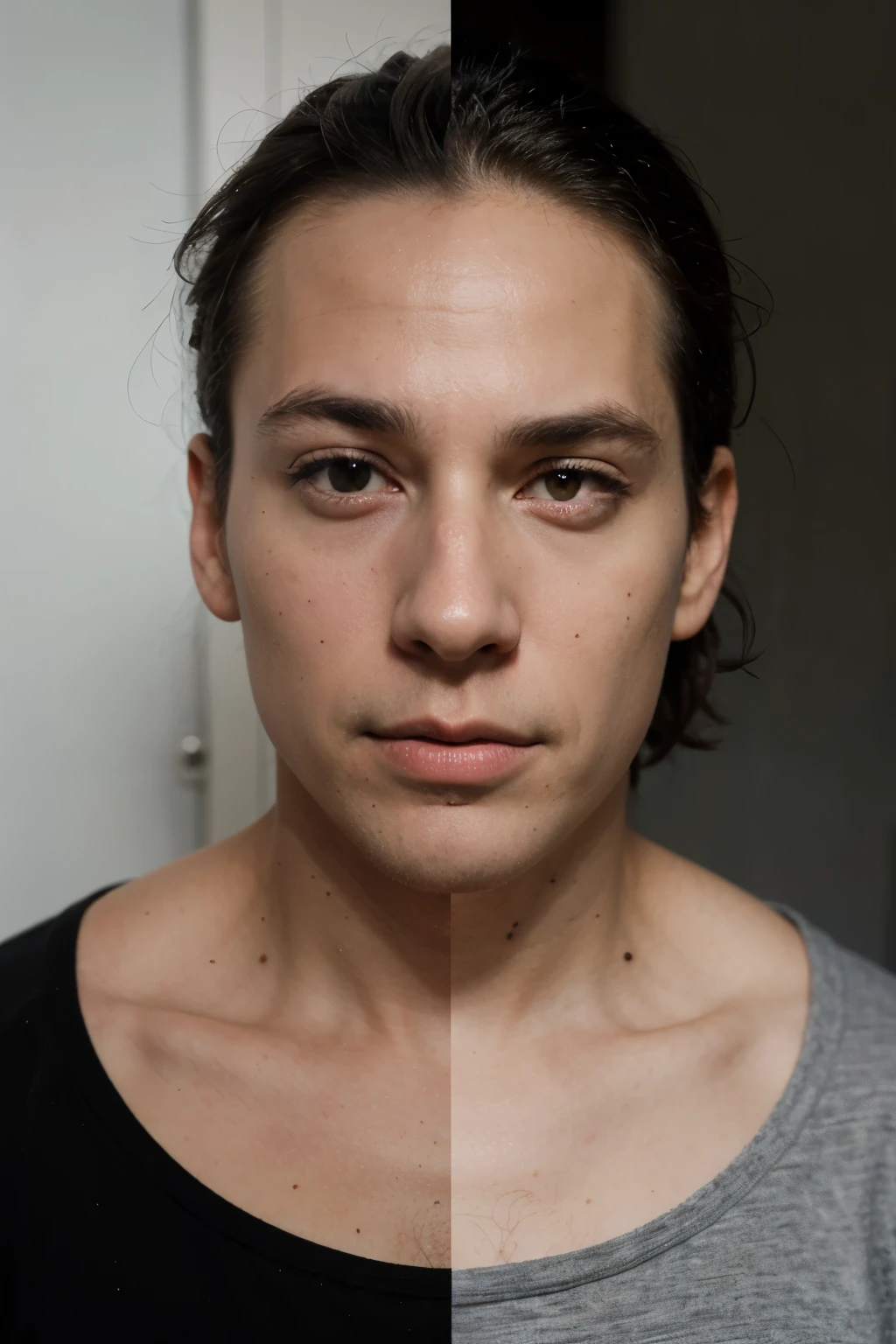 A mans face the right half normal the left half a gray demon