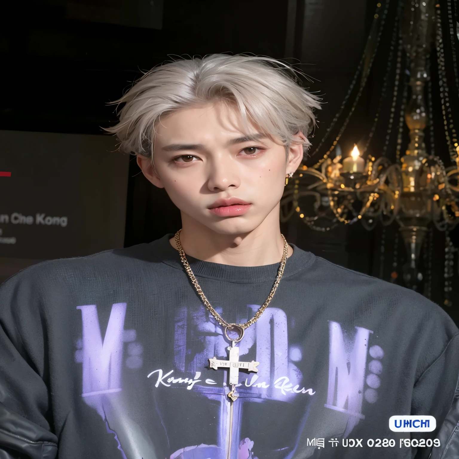 Hombre arafed con una cruz en el pecho y un collar en el cuello., Cai Xukun, Kim Doyoung, XQC, inspirado por Yanjun Cheng, Taejune Kim, Ulzzang masculino, Jinyoung Shin, Yanjun Chengt, Hyung Tae, Christian Cline, con cabello plateado, Tiene pelos grises oscuros, Retrato de Kpop Idol, Hyung Tae kim