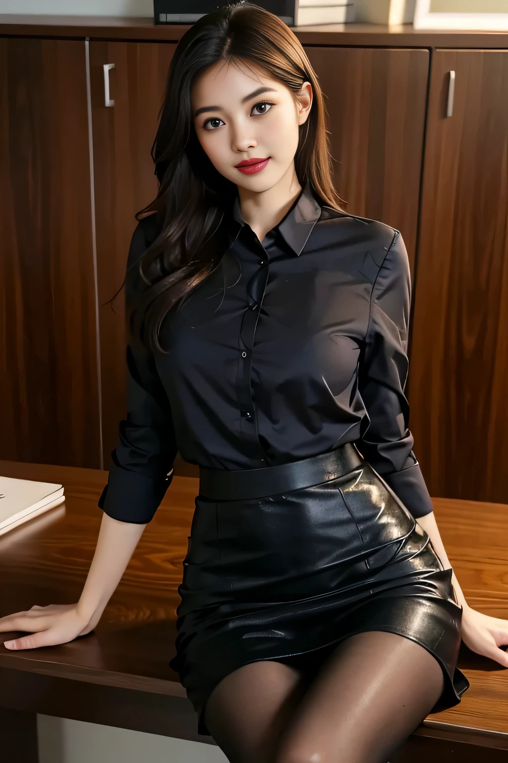 Best Quality, Full body portrait, Delicate face, Pretty Face, slim figure, Office Lady Uniform,Office Clothes, Black pantyhose, cabelos preto e longos,adolable,ssmile,Long legs,Lying on the table,(Skirt lifted:1.3)