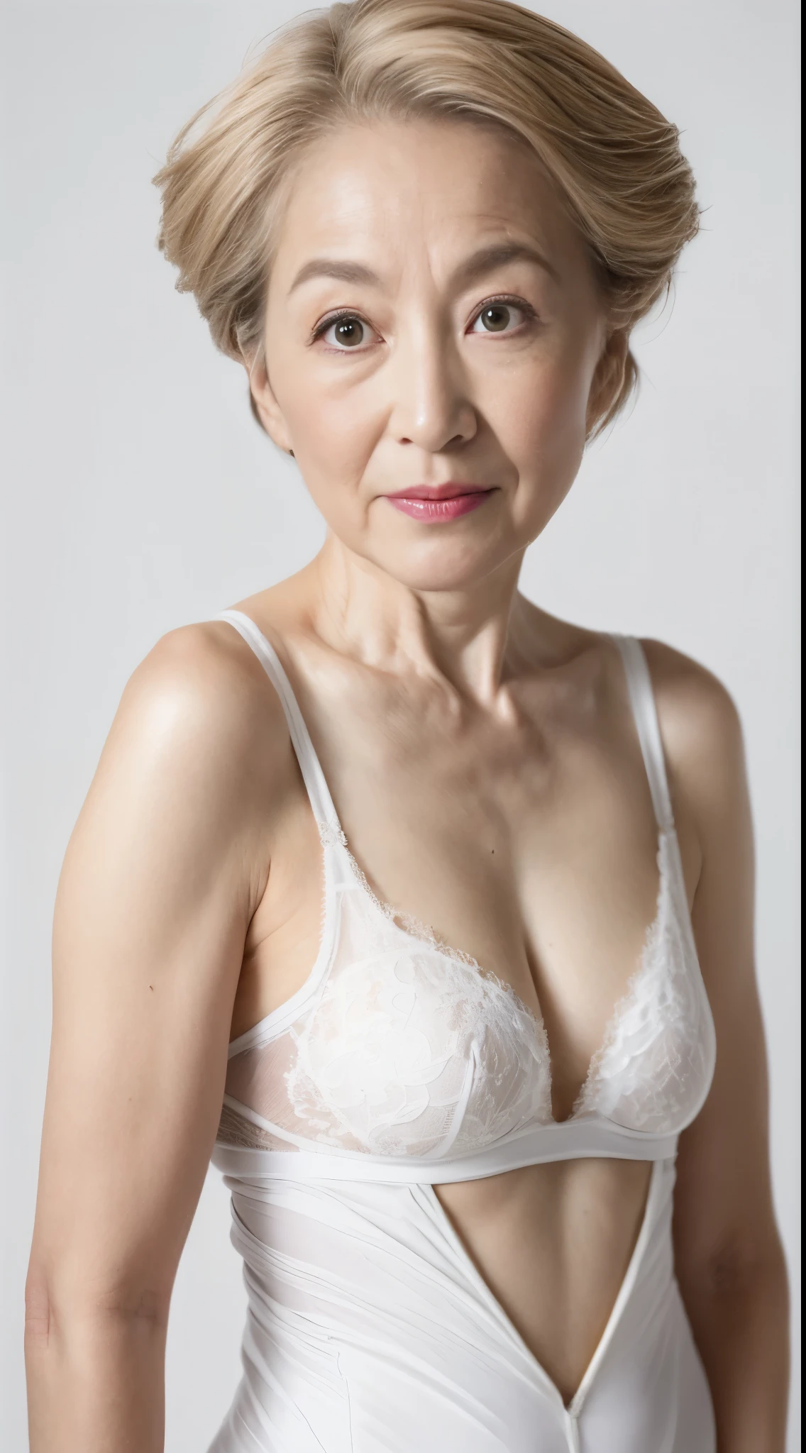 (((Solo))), Obscene look, Elderly mature woman pure white background, gravure, facing front, pov, ((background above head)), wear a fancy bra, describe the lips correctly,red-lips, Fancy makeup, from the chest up, masuter piece, Best Quality, Ultra-detailed, Photorealistic, Ultra-detailed細なスキン, Perfect Anatomy, (1 mature housewife), (positive), 95 years old, Tremendous big, fashion modell, glamor, A sexy, Chromo-white skin, Looking at Viewer,