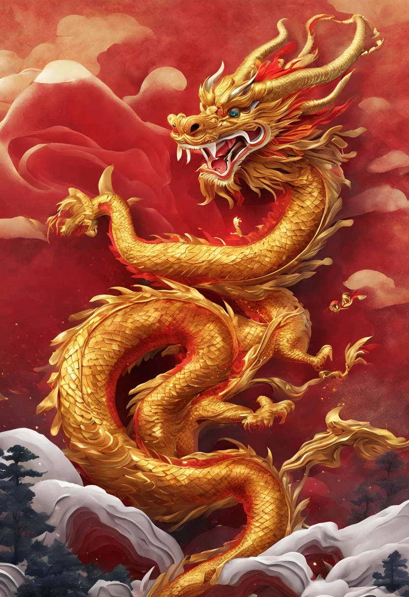 Holiday poster: new year 2024, com mascot: Golden red Chinese dragon,movie picture quality,tmasterpiece,k hd