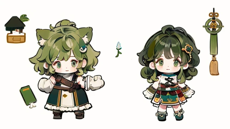 Character design，Q version，chibi，Cute，Head to body ratio，outfit design，Mittens，Curly，Very intricate，Exquisite，shear node，frilld，band，Bandages，light-green hair