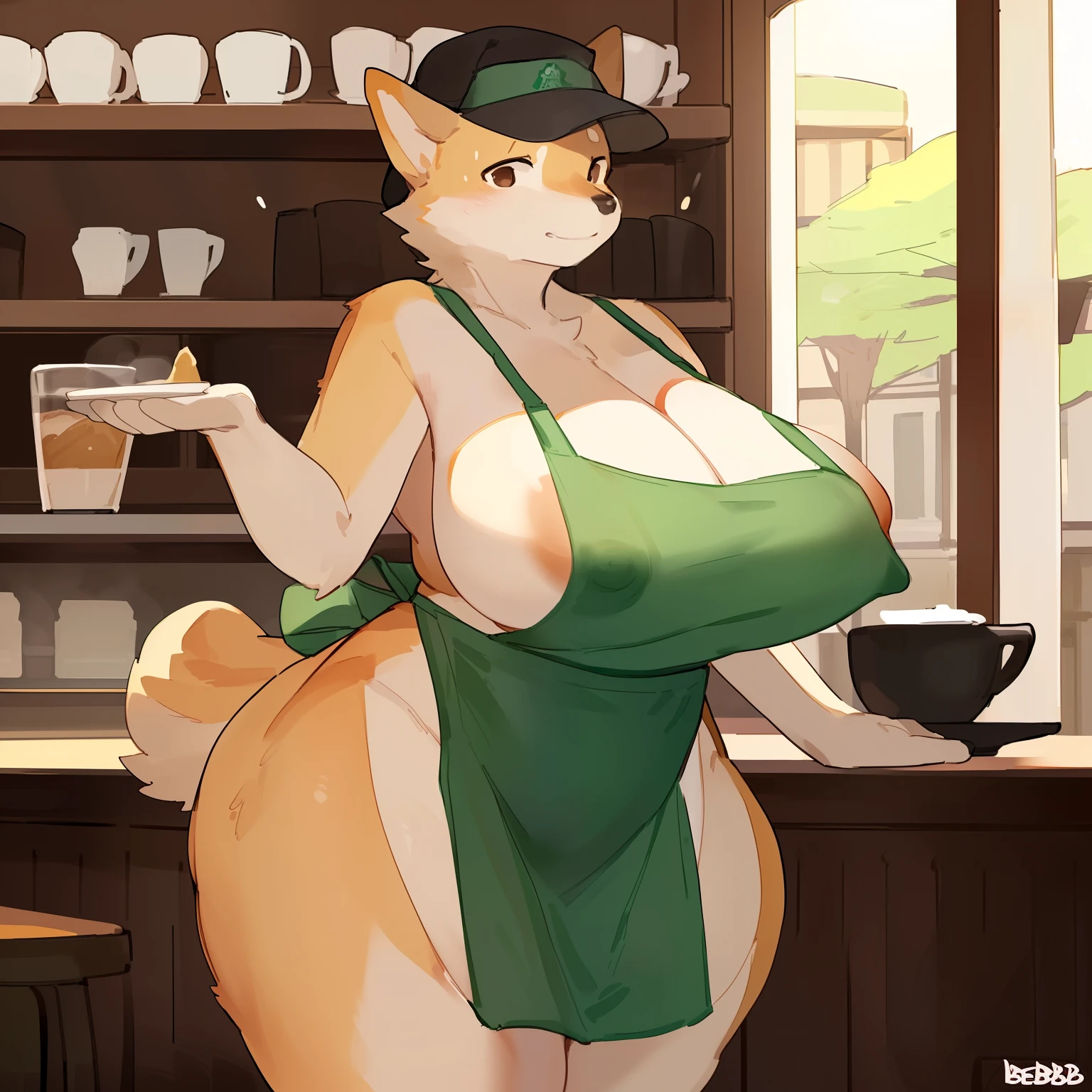 Solo, female, (((by bebebebebe))), standing, shiba inu, brown eye, huge breasts, in a cafe, day, dramatic lighting, (((only wearing a green apron and a black cap))), ((nipple outline)), wide hips, thicc, starbucks, ((thicc thighs)), (((very very horny))), barista,