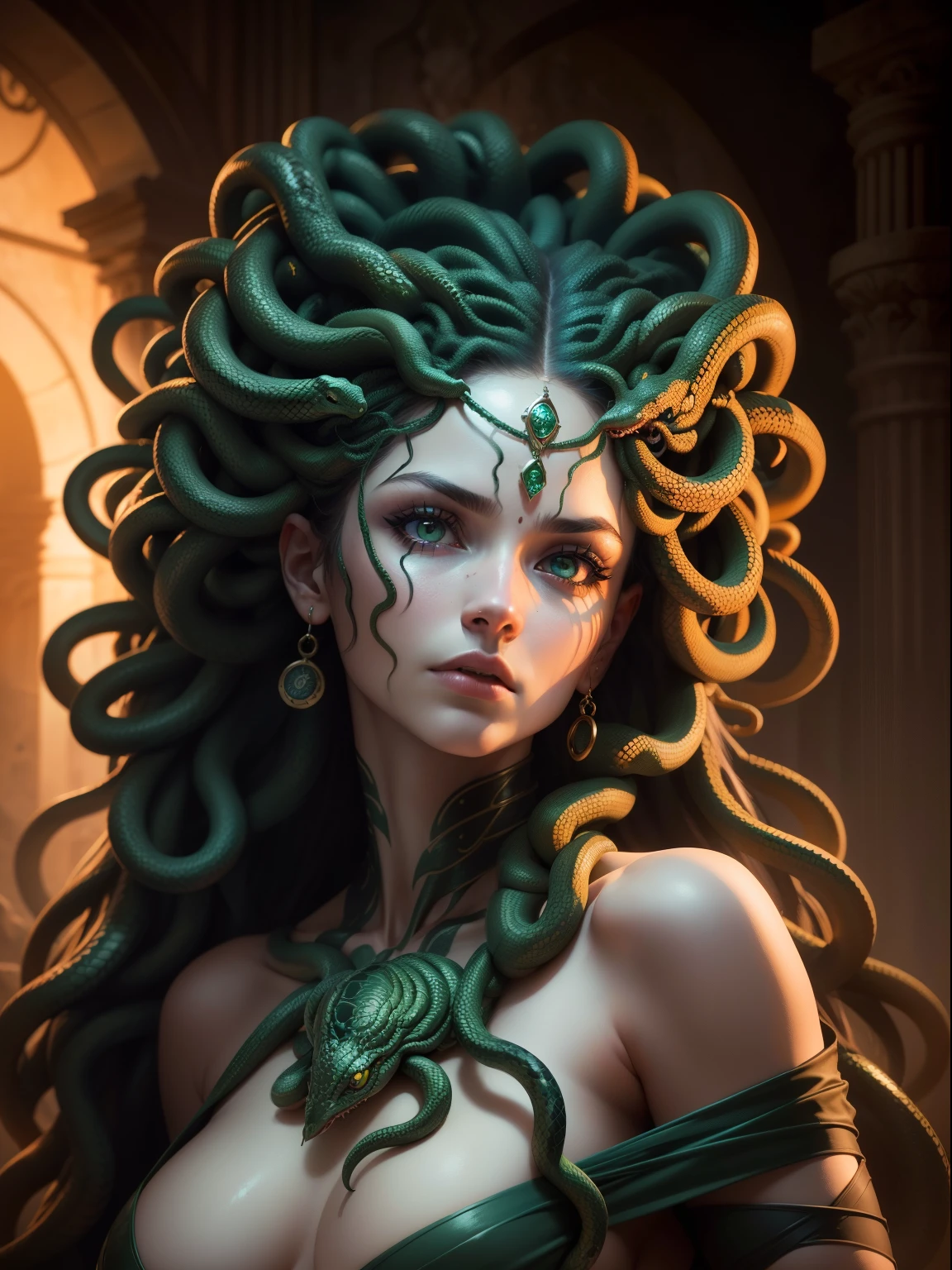 ((medusa)), ((the hair is composed of countless small snakes)), ((cobertura da parte superior do corpo com cobras)), (cara de olho de cobra verde, hands on cheeks, Rosto alto e detalhado, olhos altamente detalhados, 16k, Foto RAW, best quality, master part, Foto colorida RAW de alto detalhe, dramatic lighting, Cinematic lighting,