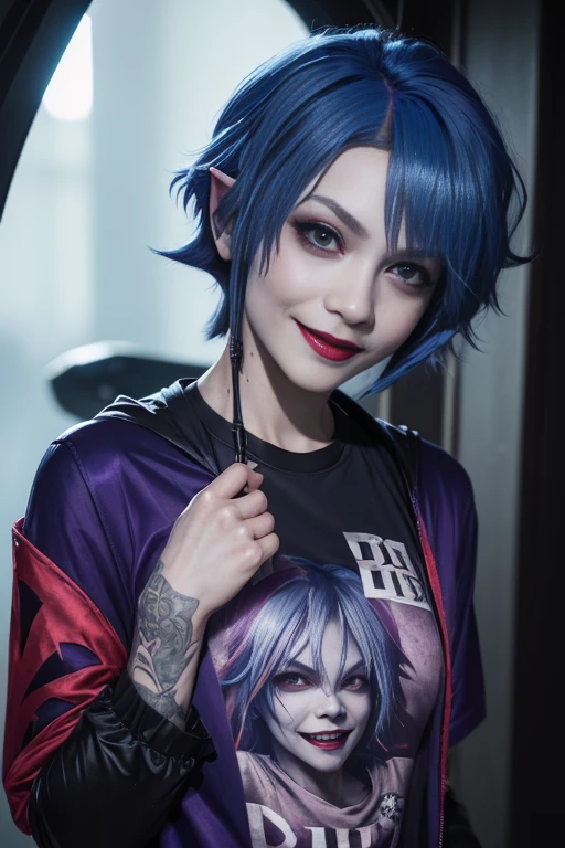 (((remilia scarlet))), (bat wings), (vampire), short hair, (((blue hair))), ((standing)), ((((face close up)))), ((jacket, taut shirt)), evil smile,,