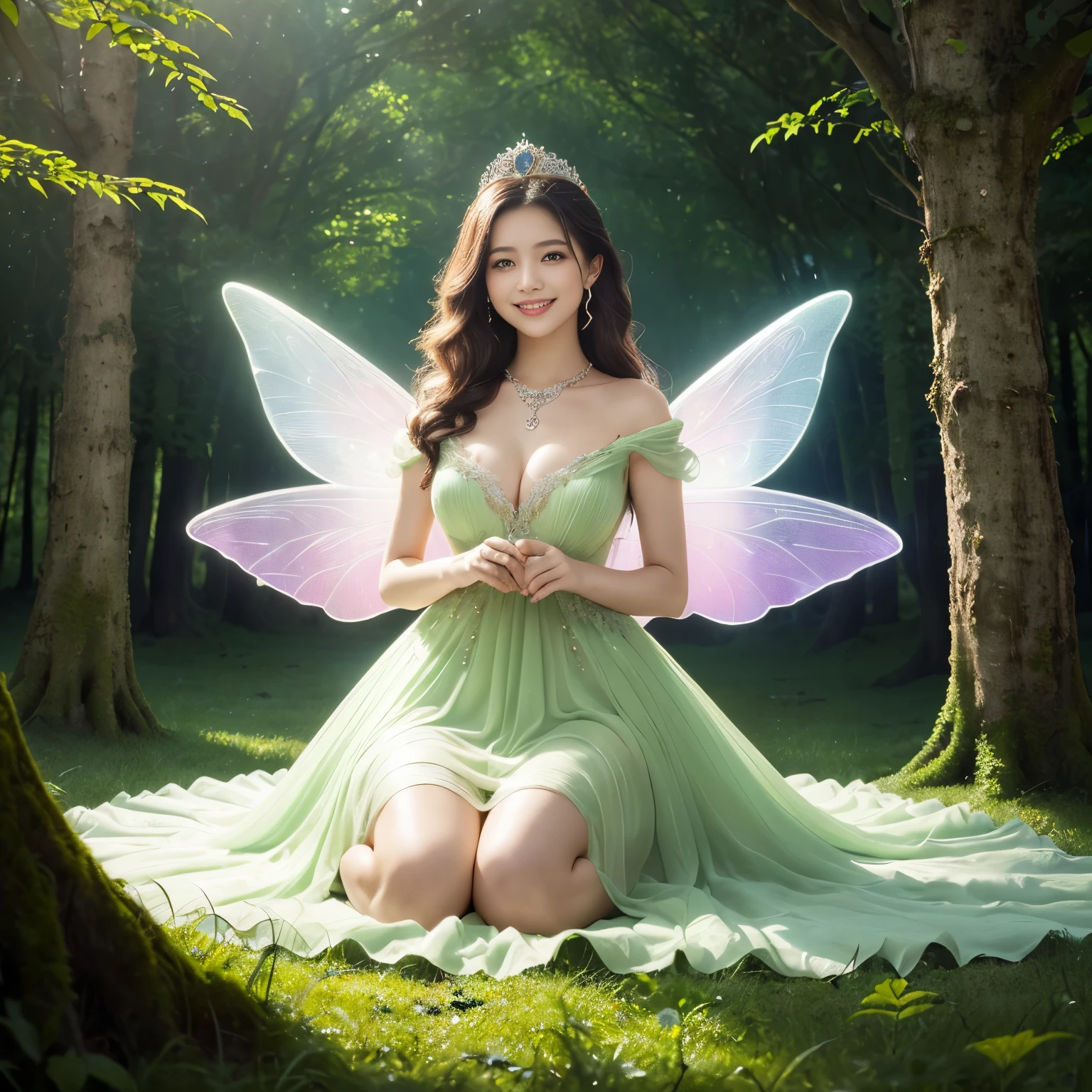 ((masutepiece、top-quality、8K、Highly Detailed and Complex Detail、The most complex and detailed textures、Super High Detail、very young fairy princess、correct and gentle lighting、the mildest texture、Smoothest texture))、(A fairy tale fantasy bed in the forest:1.5)、((very young fairy prince fairy tale fairy tale、Take from the knees up、Fantastic shining fairy wings、Tindall Effect、The most luxurious and intricate fairy dresses、Transparent, A story of shining wings A story of shining wings、The Most Sacred Princess Dresses、The background is set in a complex and sacred forest、Naturally formed tunnel of large trees、A dress that gives off a gentle glow from within、Gentle fairy tale light、the most beautiful fairy dress、A gentle glow like a fairy tale、Fairytale atmosphere、Fantastical、The most intricate and sacred dresses、the most beautiful spirit in the world、The Spirit of God'glorias、Accurate reproduction of the perfect spirit down to the last detail、The most complex and detailed forests、Luminous Dresses、Sacred, calm and full of light、Extravagant tiaras and necklaces、sacred green forest、Fantastical、Overgrown trees々、A forest bathed in sacred green light、She has a very calm and bright beautiful face.,Half Japan and half Spanish、Beautiful smile、Beautiful wavy hair、The most luxurious and intricate dresses、Smile while staring at the camera、Slimed、large full breasts))
