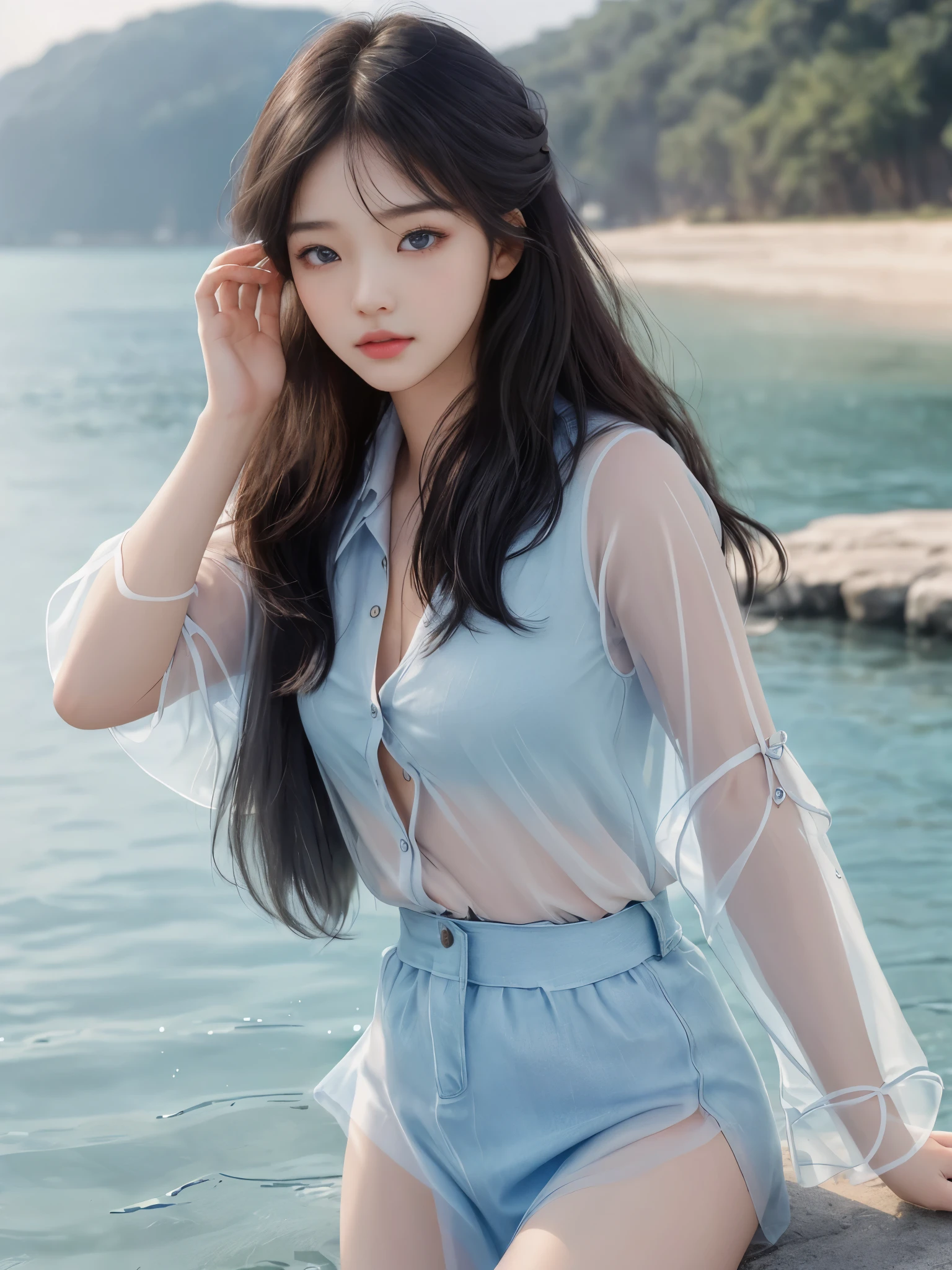 ( girl:1.3), 独奏, (((A very detailed face)))), ((extremely detailed eye and face)))), Beautiful fece detail eyes, ultra-detailliert, Beautiful fece, Beautiful fece, masterpiece, highest quality, Original, masterpiece, ultra fine photos, highest quality, 超A high resolution, Realistic realism, Amazing beauty a person, delicated face, (from the front side)、A detailed face、highlydetailed skin、Visible Pore、Clear focus、Digital SLR、hightquality、Black hair、Korean beauty a person singer,great masterpiece,center parted straight hair,thin clothes,lightly dressed,eyebrows are thin,All nude, Full nude, No panties,No Underwear,Kim Chae Won,Sense of openness,High-contrast raw photos that maintain a beautiful balance between the left and right eyes,Realistic images with highest precision,I'm not wearing any underwear inside..,Professional lighting technology,SLR camera,Ultra-fast shutter speed,Clear eyes,Photography lighting that highlights a person,The top of the bust is transparent and exposed.,a person's face is a particularly precise image with the highest number of pixels.,Realistic facial details that look like they actually exist,An ultra - realstic face,tome'thin and transparent, so you can see the skin, Nipples, and pubic hair.,Sheer Nipples,Sheer,Sheer pubic hair,Beautiful face, clear eyes,The left and right eyes are similar and have the correct shape,No Underwear,Wearing the perfect all-see-through outfit,Her breasts are exposed through the Nipples.,Pubic hair is exposed from the crotch., Cinematic Photo, Super realistic,Clear visibility images without haze,l,Beautiful eyes, eyes are in perfect harmony.,left and right eyes are the same shape、It's the same color,High color saturation,dawn sunrise,sunset at dusk,Midnight Neon Street,Not drowning but photos realistic,dark blue sea surface,Realistic Girl's face,Those eyes are the eyes of classic beauty,photos realistic,On a high hill,Emphasize facial beauty,Feeling like a shy girl,