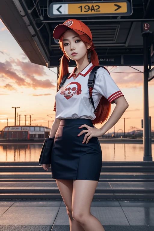 1girl, solo, red hair, red eyes, twintails, employee uniform, pencil skirt, skull print, navy cap, orange sky,, outdoors, train station, standing in front of bus,,