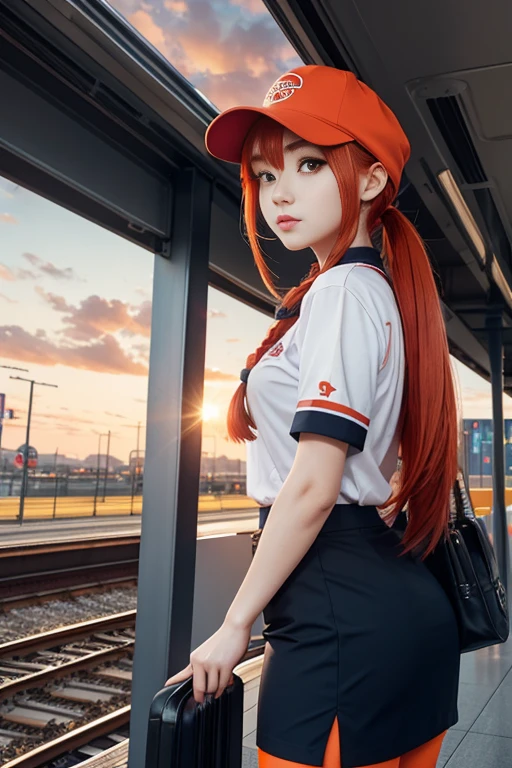 1girl, solo, red hair, red eyes, twintails, employee uniform, pencil skirt, skull print, navy cap, orange sky,, outdoors, train station, standing in front of bus,,