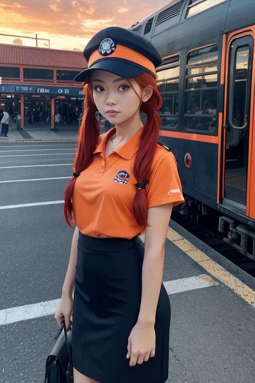 1girl, solo, red hair, red eyes, twintails, employee uniform, pencil skirt, skull print, navy cap, orange sky,, outdoors, train station, standing in front of bus,,