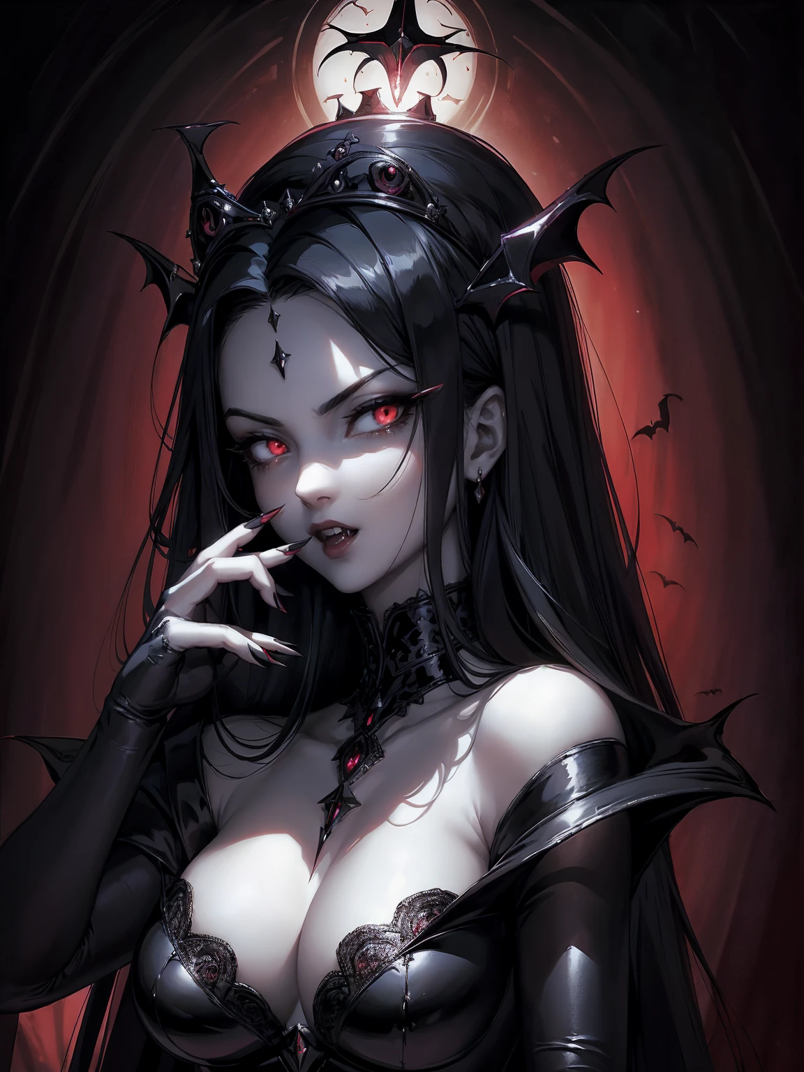 absurdres, ((stunning female Vampire))), goth Renaissance, (long black hair:1.erfect and detailed angular sharp oval shaped face, ((redeyes)), jewelry, red and black tetradic colors, full lips, gothic castle background, (solo), perfect anatomy, approaching perfection, ethereal, intricate details, ultra-high definition, 12k resolution, goth aesthetic, smooth, sharp focus, dreamy, glowing, backlit, glamour, glimmer, fantastical, shadows, smooth, Gothic crown, illustration