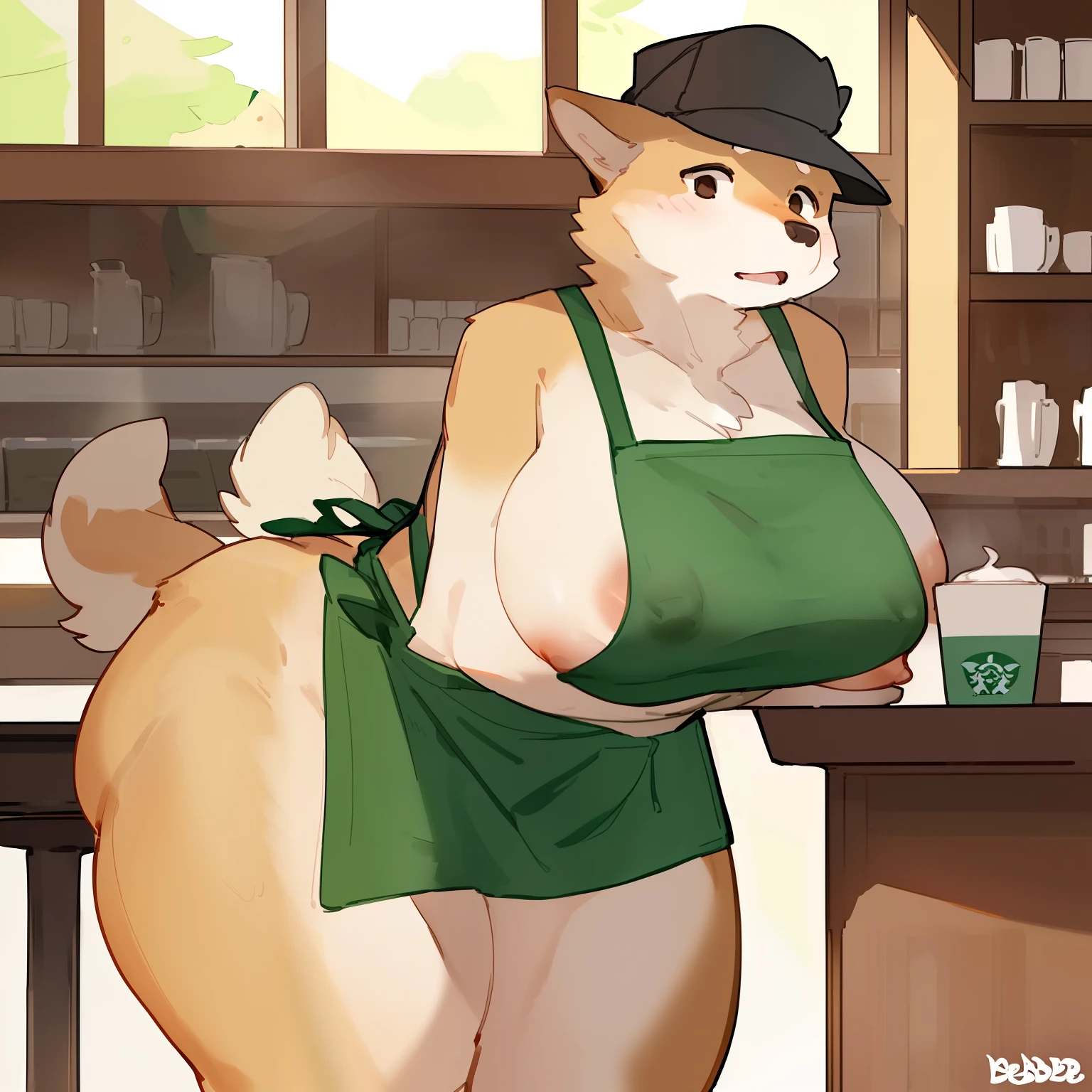 Solo, female, (((by bebebebebe))), standing, shiba inu, brown eye, huge breasts, in a cafe, day, dramatic lighting, (((only wearing a green apron and a black cap))), ((nipple outline)), wide hips, thicc, starbucks, ((thicc thighs)), (((very very horny))), barista,