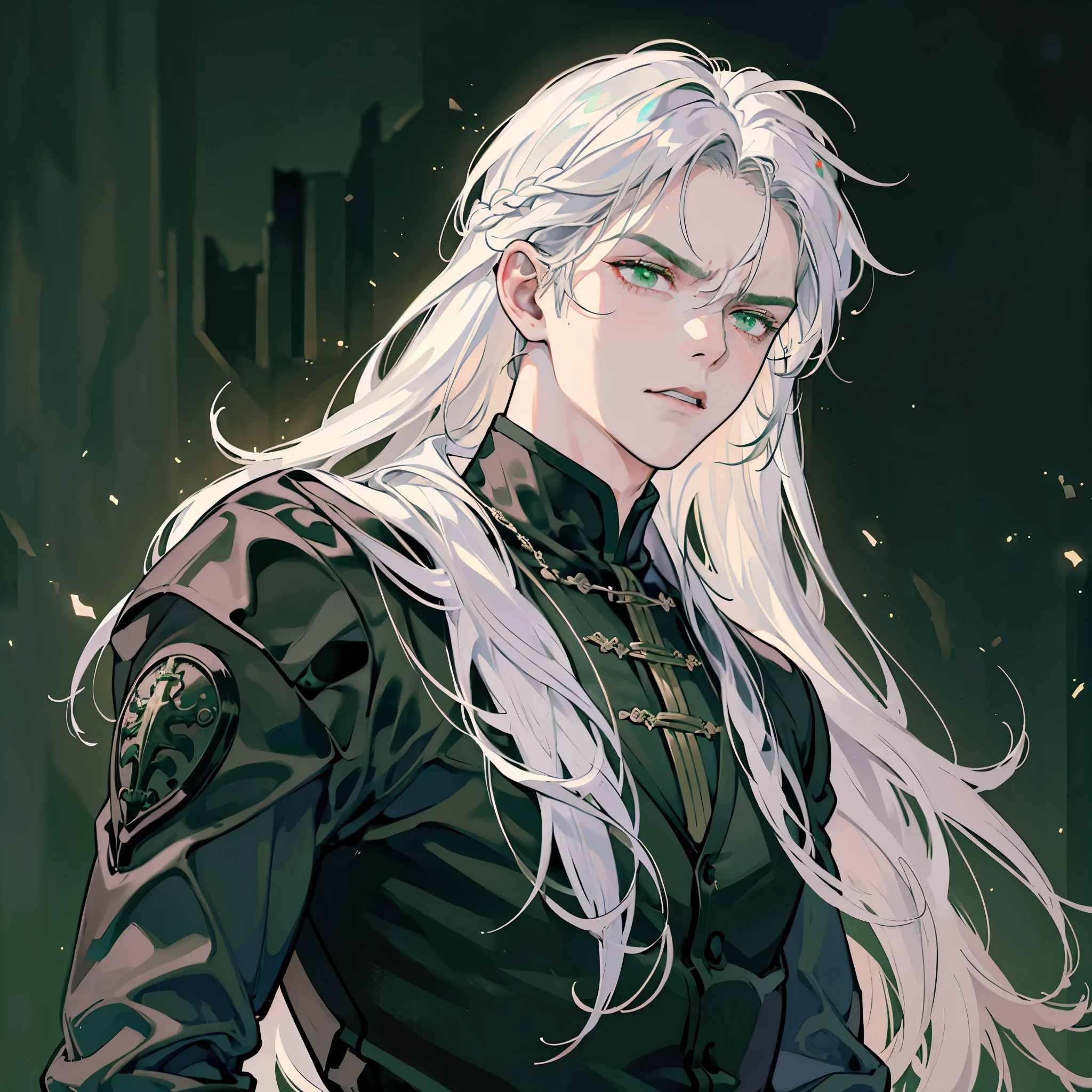 (best quality, highres), (realistic), (portraits), (white hair:1.1), (long hair:1.1), (green eyes:1.1), (muscular figure: 1.1), (angry: 1.1), (far away: 1.1), (dark background: 1.1), man, intense gaze, powerful demeanor, dramatic lighting, mysterious atmosphere, piercing eyes, tension, rugged appearance