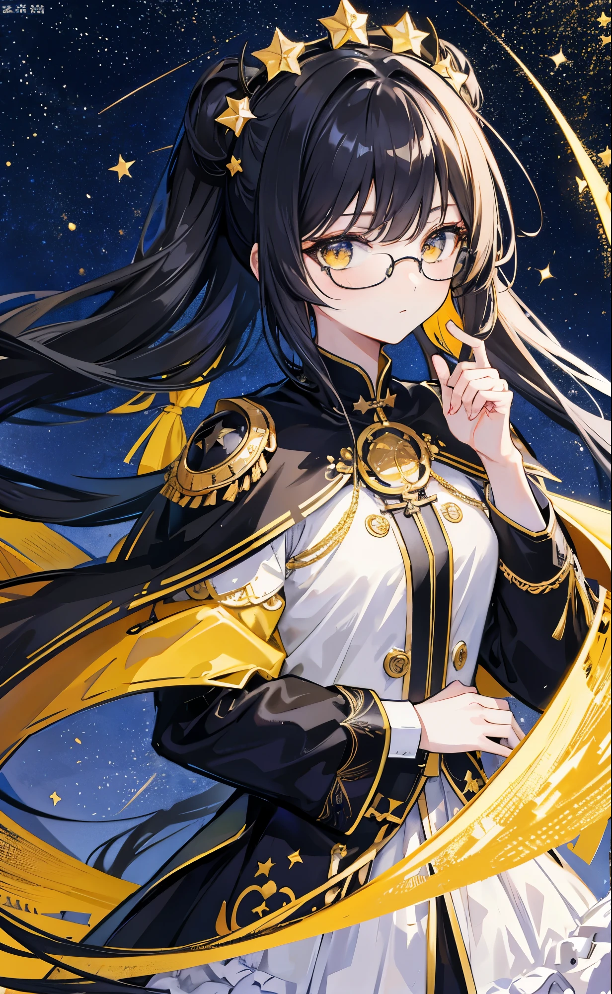 The background of the golden starry sky is stunning,Dark yellow twin ponytails,The hair as a whole has a light yellowish feel,But there is a sense of black attachment,Star decoration,Meteor decoration,With black glasses,There is a deceptive look in the eyes,Girl but very handsome,There is a sense of contempt in his eyes,黑黄的冲锋衣有着Star decoration