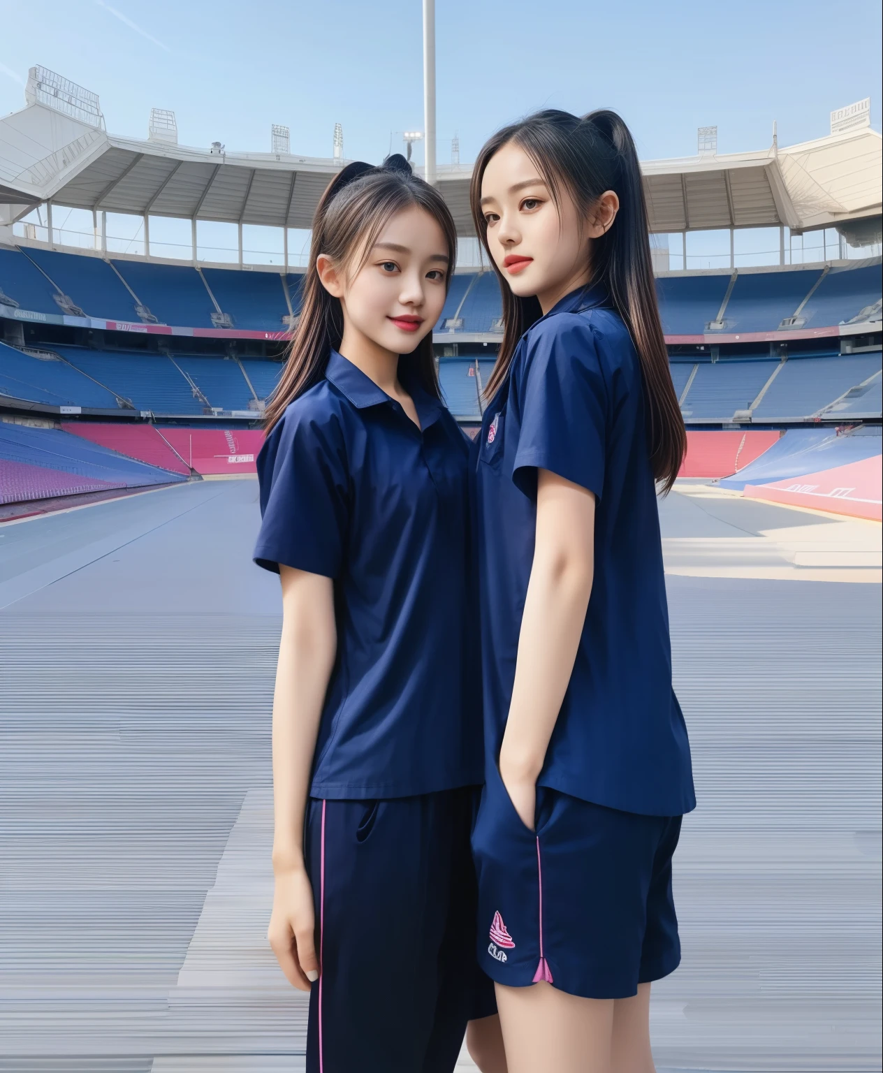 (bestquality,10,10,highres,masterpiece:1.2),ultra-detail,(Realistic,ภาพRealistic,photo-realistic:1.37),1 Cute girl in the football field,oily shiny skin,bara,light smile,BDclothelue shirt:1.3)),short sleeves,shirt, trousers.,(navy_long_ติดตามtrousers:1.1), ((Stadium Background:1.3)),dynamic angle,excited,face focus,Dynamic Poses,from behide,Ass Focus,masterpiece, bestquality, ultra realistic, hyper-detail, 8k resolution, RAW photo, crisp focus, ((Navy blue shirt:1.1)), short sleeves, เส้นทางlong, Complete bodyแบบ, 2 mature women, 18yo, cinematic light,trousersวอร์มสีน้ําเงิน,Gymware,Correct anatomy,Complete body, Correct body, sharp face, Correct bodyทางกายวิภาค, full entire body, Realistic gestures, long-haired, Realistic poses,Wear long shorts..............................,ช่วงขาlong,Shapely,Sculpting Girl, Slender Figure, mannequin mannequins, Shapely, Beautiful body,trousersวอร์มสีน้ําเงิน, Two girls kissing