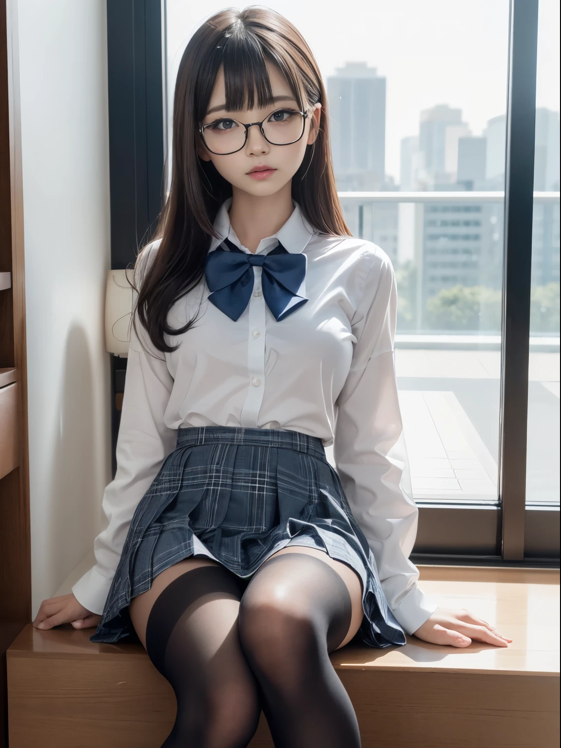 (I see underwear)、((細いThe eye))、((細いThe eye))、((細いThe eye))、(8K、生a picturegraphy、top-quality、​masterpiece：1.2),、Has a small、(flat breast)、(flat breast)、(flat breast)、(flat breast)、(flat breast)、(being thin)、light skinned、skin whitening、Dark look、Rasping,glamor,light skinned肌,cocky,School,watching at viewers,Looking at the front,Muchimuchi,High-pitched clothing,Erotic,Pupils,de pele branca,kne,((Black pantyhose)),absurderes,a small face,,Forehead visible,Bangs hanging from the left and right sides of the forehead,(a cold expression,The eyeがきつめ,glares,Bullish,irate)、​masterpiece,top-quality、超A high resolution,生a picture,ren,Beautiful fece,One Person, 独奏,eye glass,,Dark look,Small breasts,fullllbody,(まるeye glass),JK school uniform,hi-school girl,A Japanese Lady, （Photorealsitic：1.37）、Photon mapping,Realistic、Beautie,Cute little face,ブラウンThe eye、Black socks、(Red bow tie)、Radio City、Physically Based Rendering、depth of field rally background、a picture,Body,beauty legs, Long legs, Thin leg,(Bangs are visible), hair, s lips, Blue_The eye, nosesoft,(Light blue shirt), (Navy and blue and white plaid pleated skirt), kneが見える,Sheer clothing,, Thigh, Black cotton socks,Nogizaka Idol, , Japanese ido