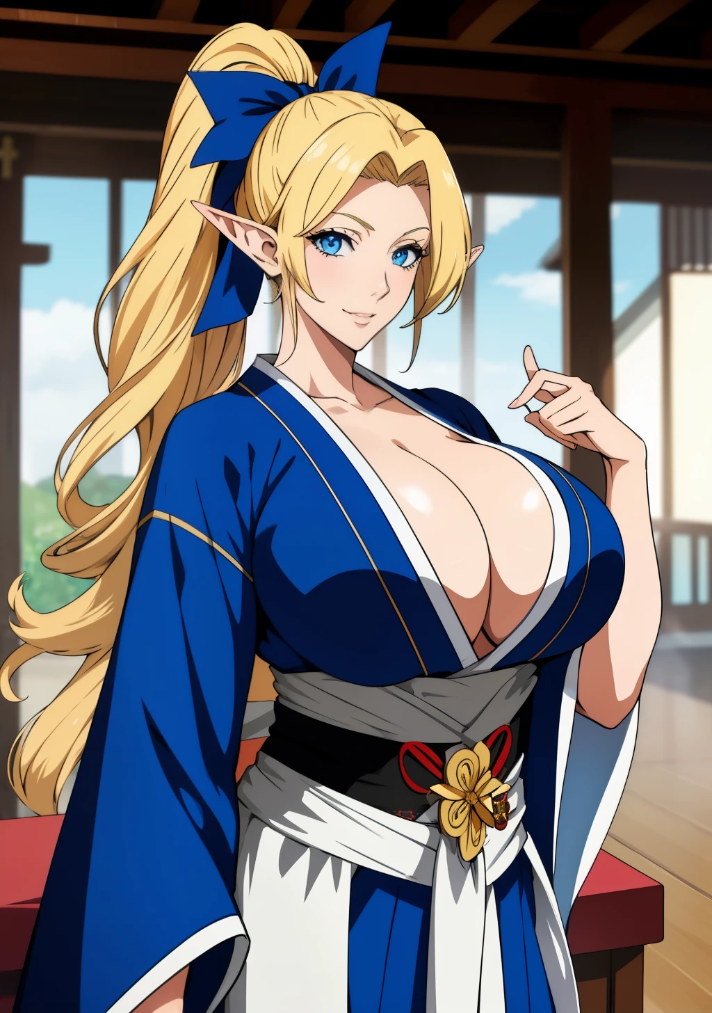 Blue kimono, huge tits, busty, blonde, elf ears, blue eyes, long hair, detailed, masterpiece, best quality, 4K, HDR, shrine, upperbody, smile, hair ribbon, ponytail hair