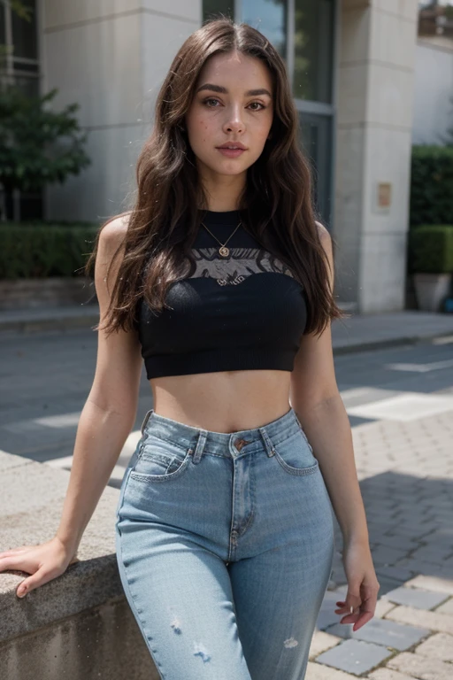 ((best quality)), ((masterpiece)), (detailed), perfect face realistic photo of beautiful woman with long dark brown hair, Russian, influencer, light freckles, dark brown eyes, big lips, no makeup, instagram, wearing high heels and a crop top, a hologram, baggy jeans, seventies era, chainmail,