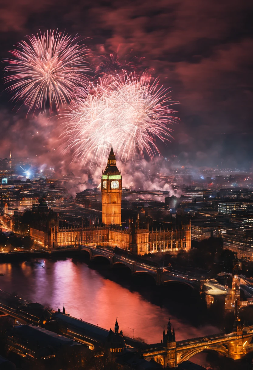 Ultra realistic photo of London's main landscape during the fireworks display