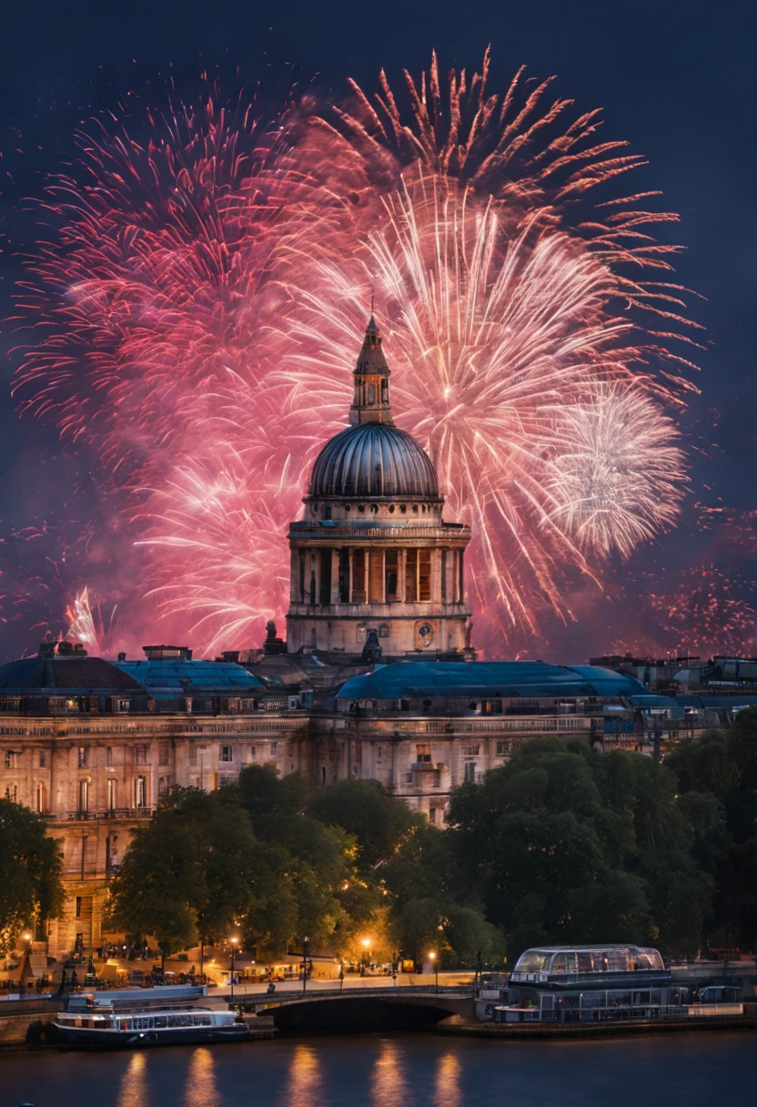 Ultra realistic photo of London's main landscape during the fireworks display