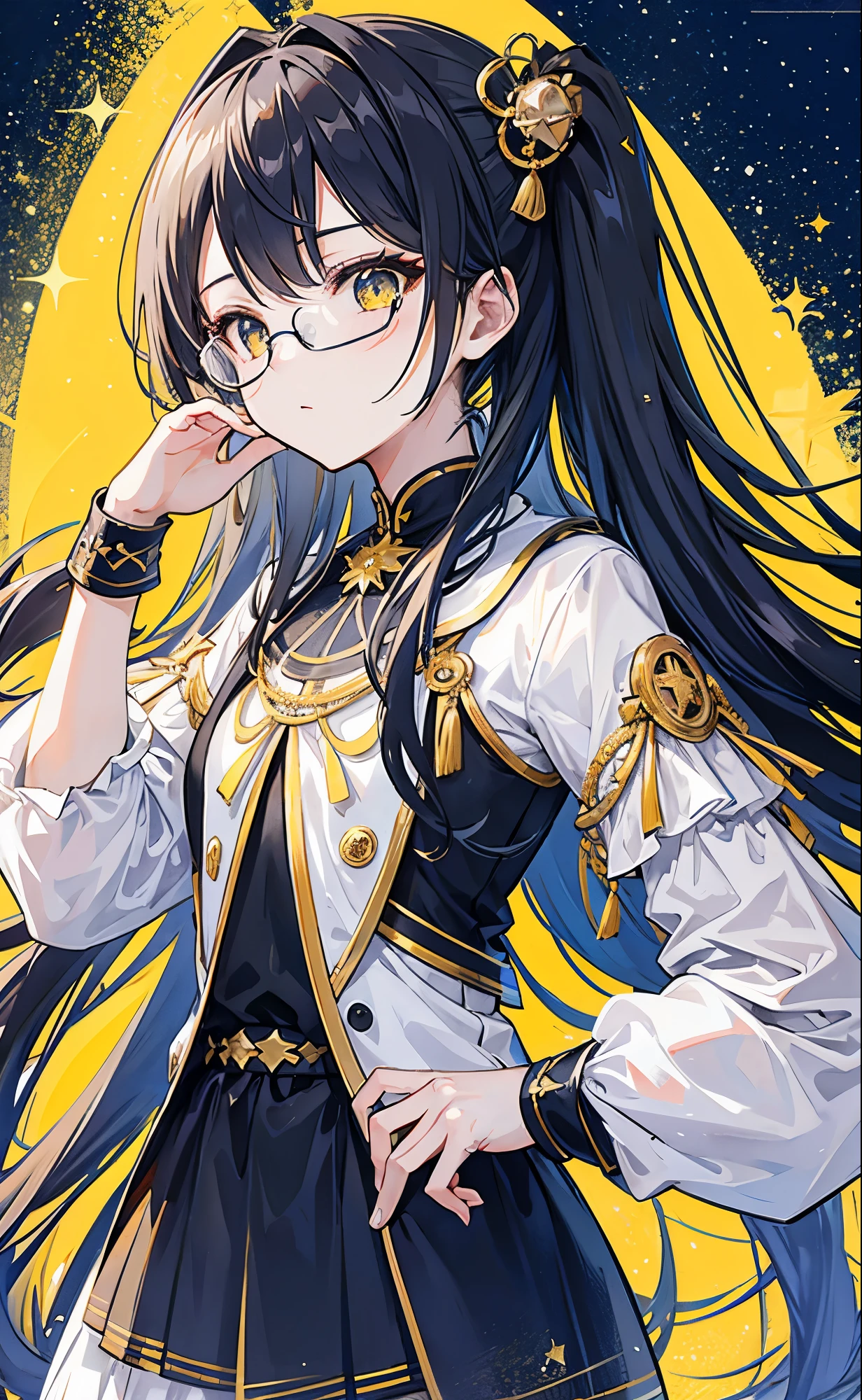 The background of the golden starry sky is stunning,Dark yellow twin ponytails,The hair as a whole has a light yellowish feel,But there is a sense of black attachment,Star decoration,Meteor decoration,With black glasses,There is a deceptive look in the eyes,Girl but very handsome,There is a sense of contempt in his eyes,黑黄的冲锋衣有着Star decoration