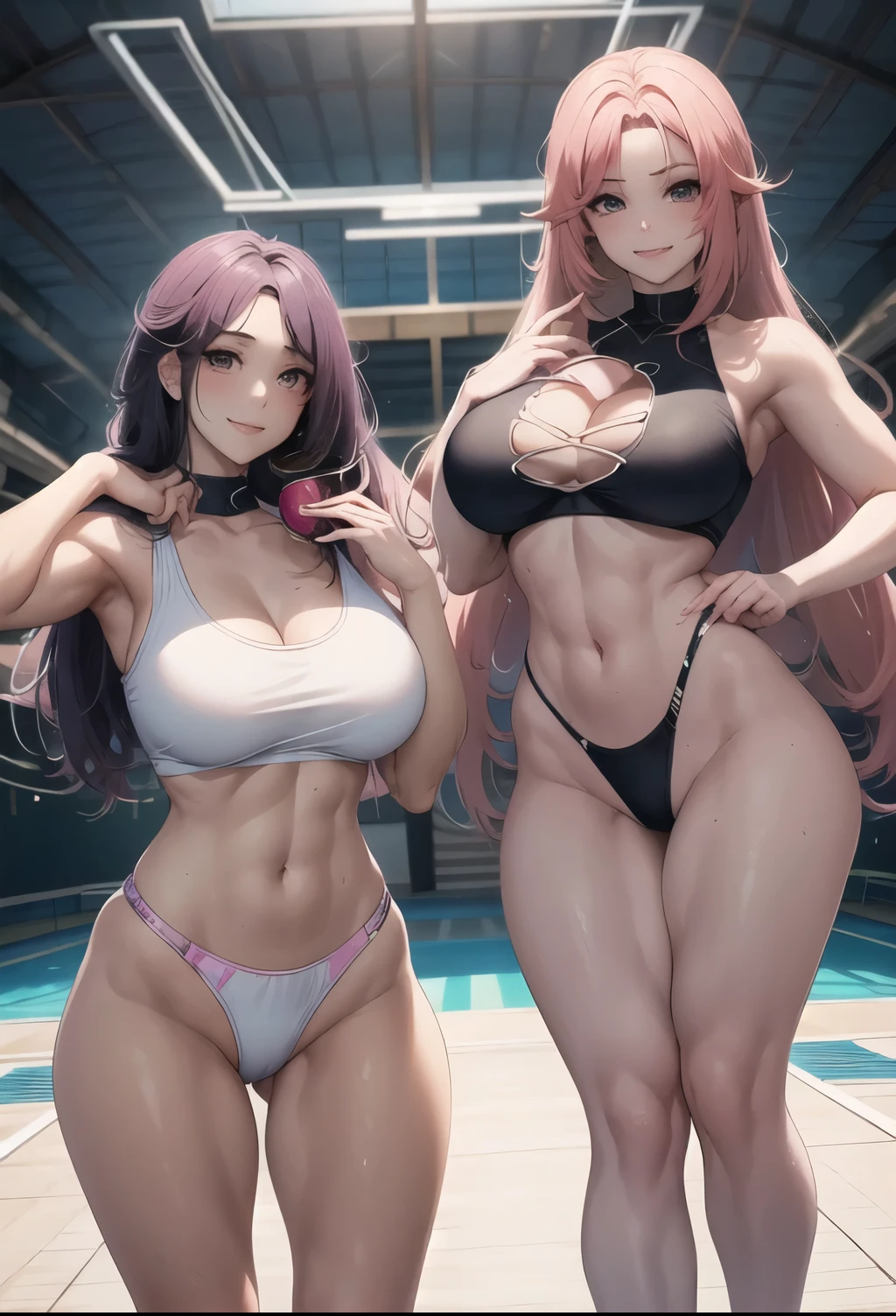 two young women, (anime), Posturas de cuerpo completo, Hacer ejercicio intensivo en un gimnasio, Llevar sujetadores deportivos y tanga de tejido transparente, con sudor brillando en sus cuerpos. Ambos tienen el cabello multicolor corto y desordenado con una cara sonriente, and one of them has visible pubic hair. They have toned athletic bodies with slim waists and oversized breasts.. (puffy nipple)