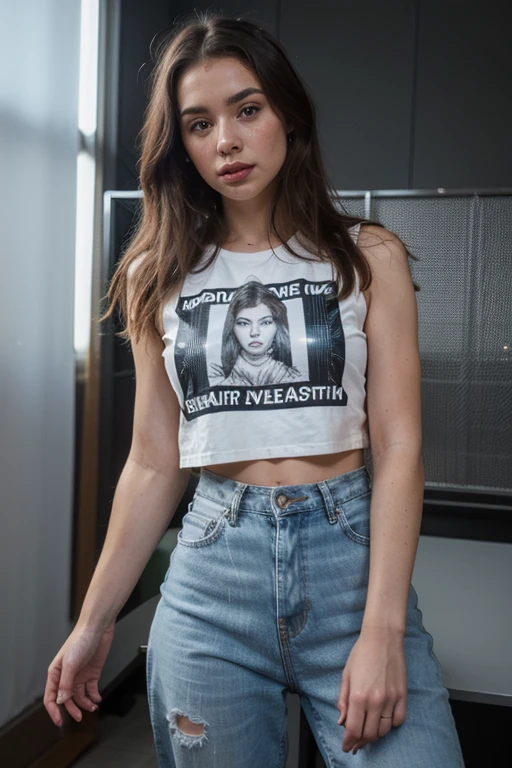 Dslr photo, photograph, (8k, 4k, masterpiece), beautiful sexy woman, magazine cover, (black hair), (tube top), sitting, solo, 1girl, (wide shoulders), (extraarms:1.2), (woman with 4 arms), (four arms), (top hands on head), (billie eilish)