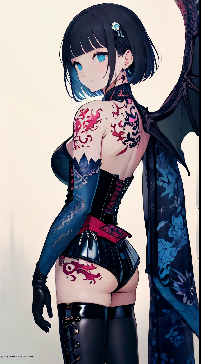 A gothic maiden anime young girl, (Japanese tattoo of Dragon on her back: 1.5), BREAK Dark blue and short bob hair, blunt bangs, (Sanpaku blue eyes:1.3), unpleasant smile, BREAK Standing with her back straight, BREAK Perfect anatomy, (black multi-layered Japanese kimono with detailed embroidery:1.3), (black latex gloves:1.2), (lace-up boots:1.2), (corset:1.5), BREAK Shallow depth of fields, soft focus, incredibly absurdres, super detailed illustration, extra detailed face, super detailed illustration, extra detailed face, raw photography, DeviantArt trends, natural soft light.